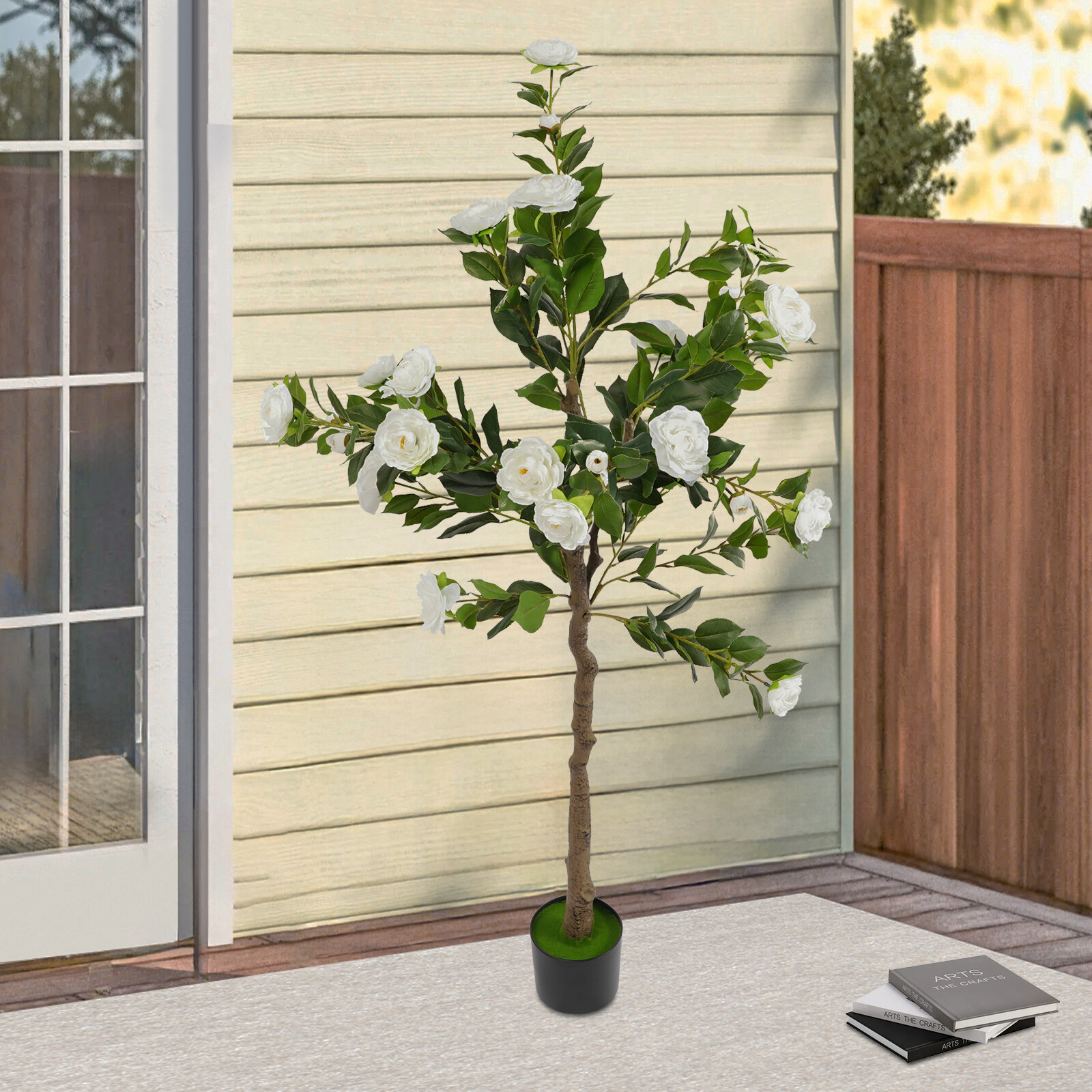 150CM Camellia Plant in Pot with White Flowers White Artificial Camellia Trees