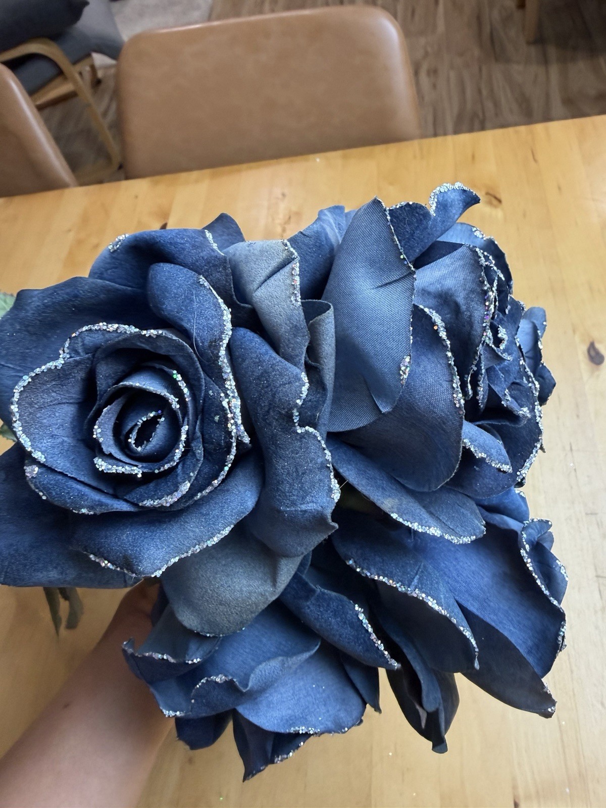 Set of 5 Navy Blue Velvet Roses Glitter Edge Long Stem Artificial Flowers 20”