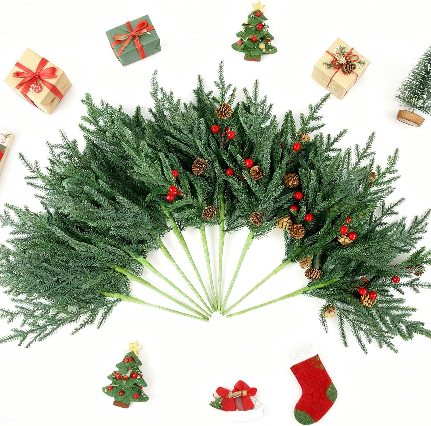 12 Pcs Christmas Norfolk Pine Branches with Lights, 17″ Artificial Xmas Stems wi