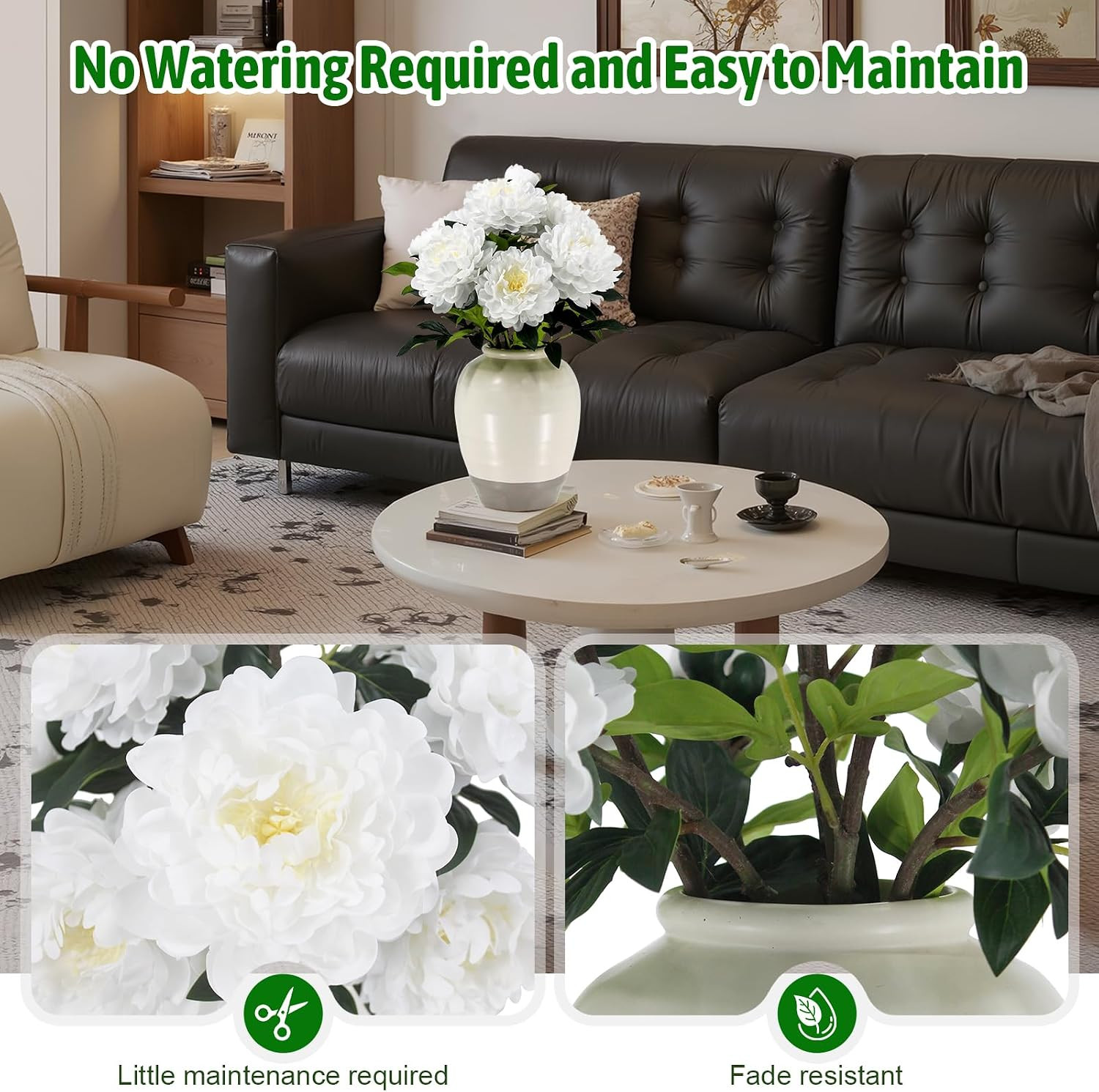 24″ Real Touch White Peony in Vase – Elegant Faux Flower Arrangement Decor