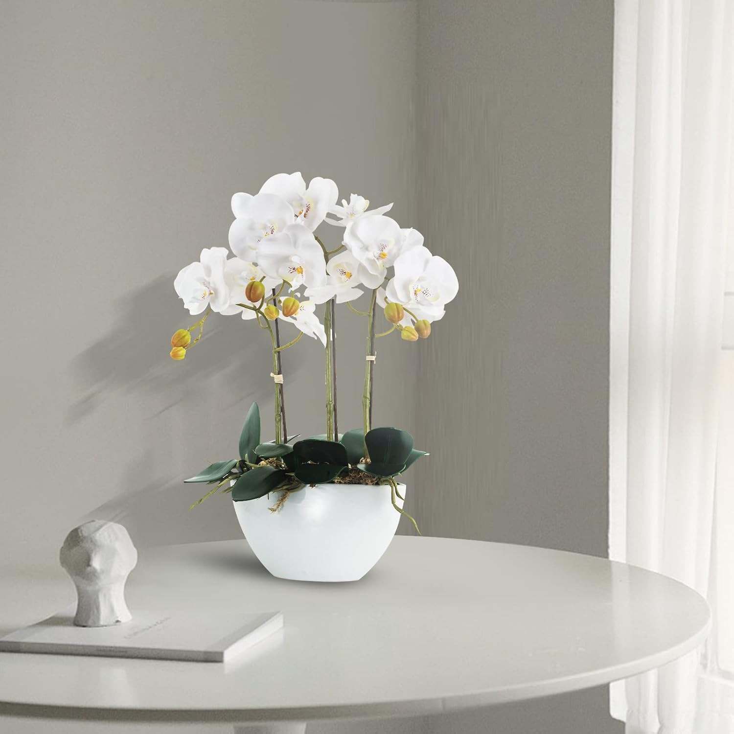 Realistic White Orchid Flowers in Ceramic Pot for Home Office Decor