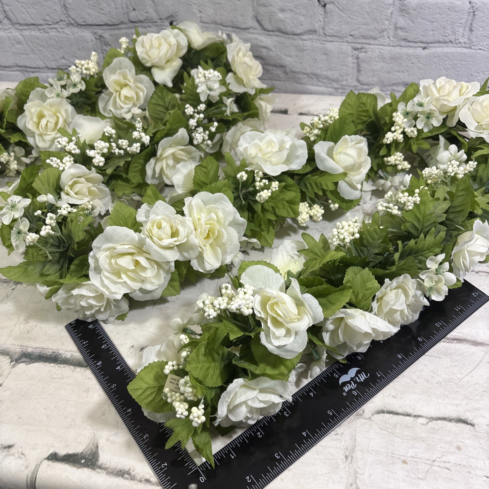 Vintage Wedding Garland White Roses Baby’s Breath Artificial Flower Decor 62”