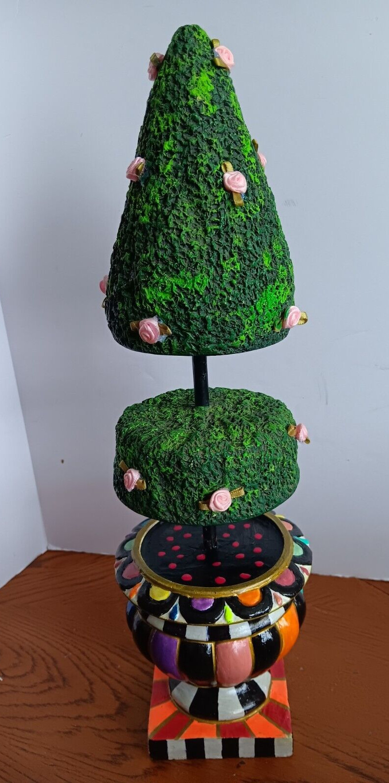 Whimsical Hand Painted Topiary w/ silk roses in Colorful Urn