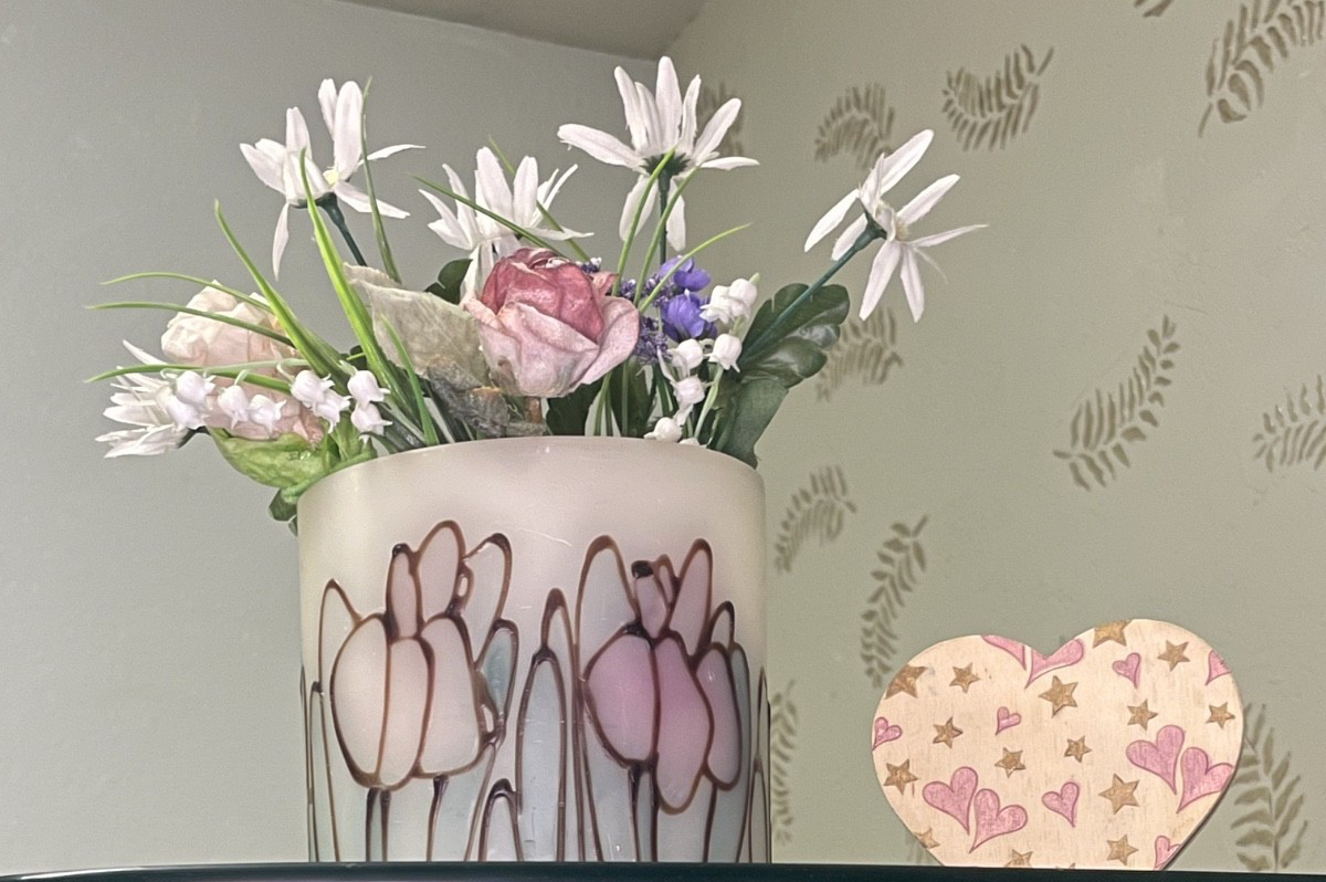 2-Piece Pretty Silk Flower in Wax Vase w/Nice Painted Wooden Heart