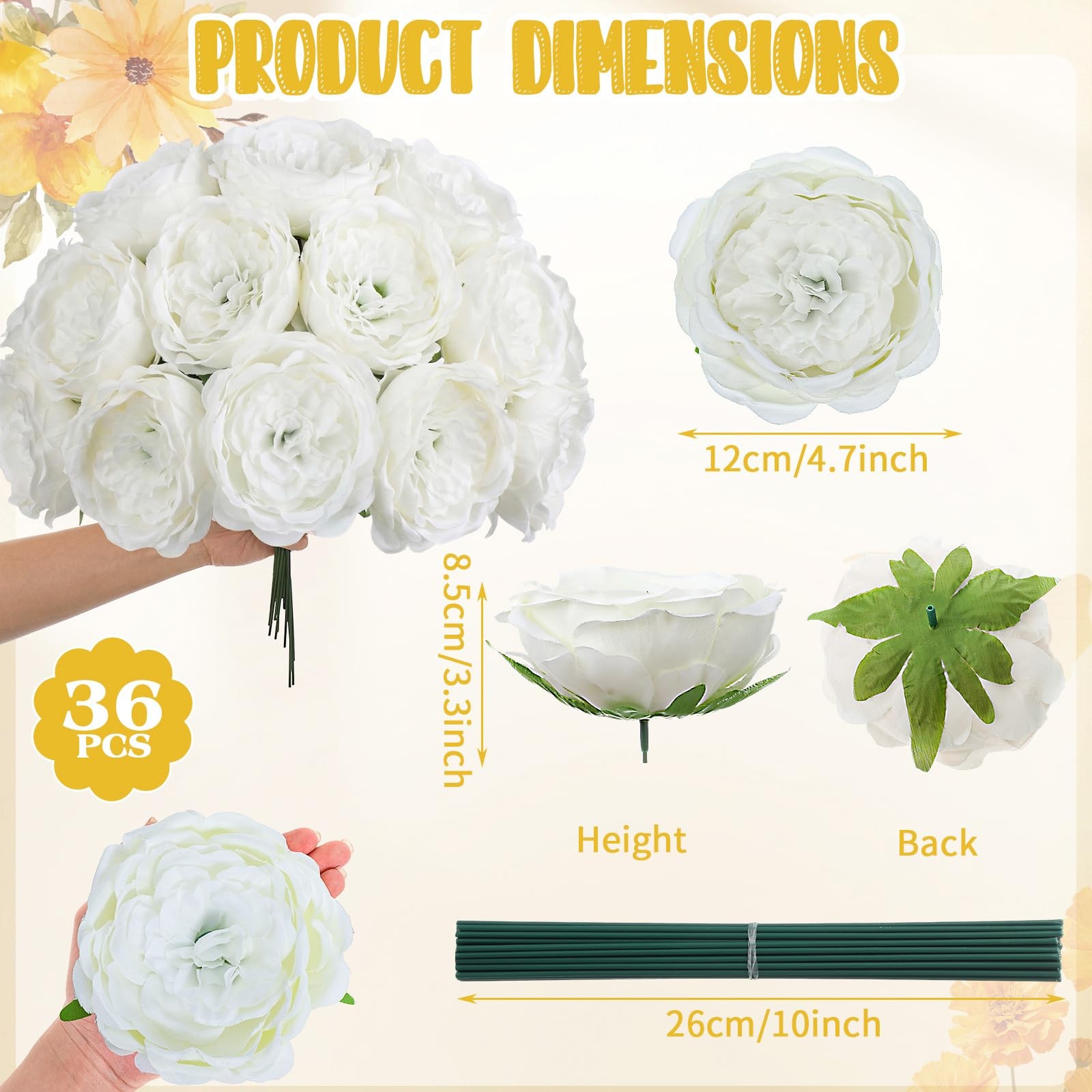 36 Pack Artificial Austin Rose Peonies 4.7 Inch Fake Flowers Silk Flowers Fau…