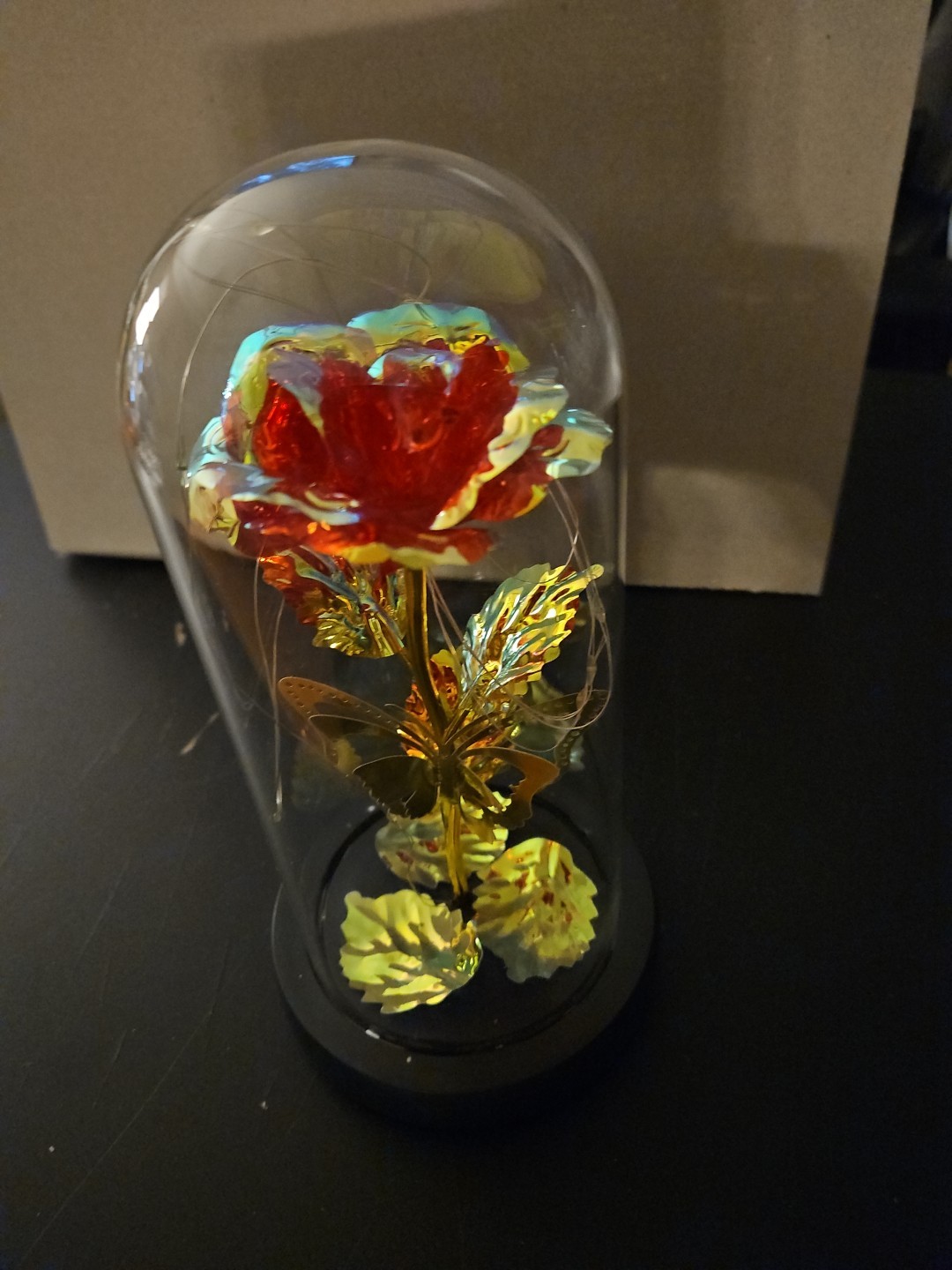 LED Red Rose, Butterfly Glass Dome. Tested Batteries