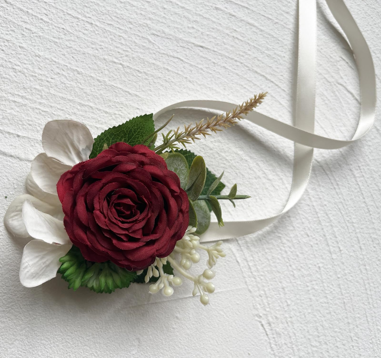 Artificial Wrist Corsage Boutonniere Set, Burgundy, 2 Pieces