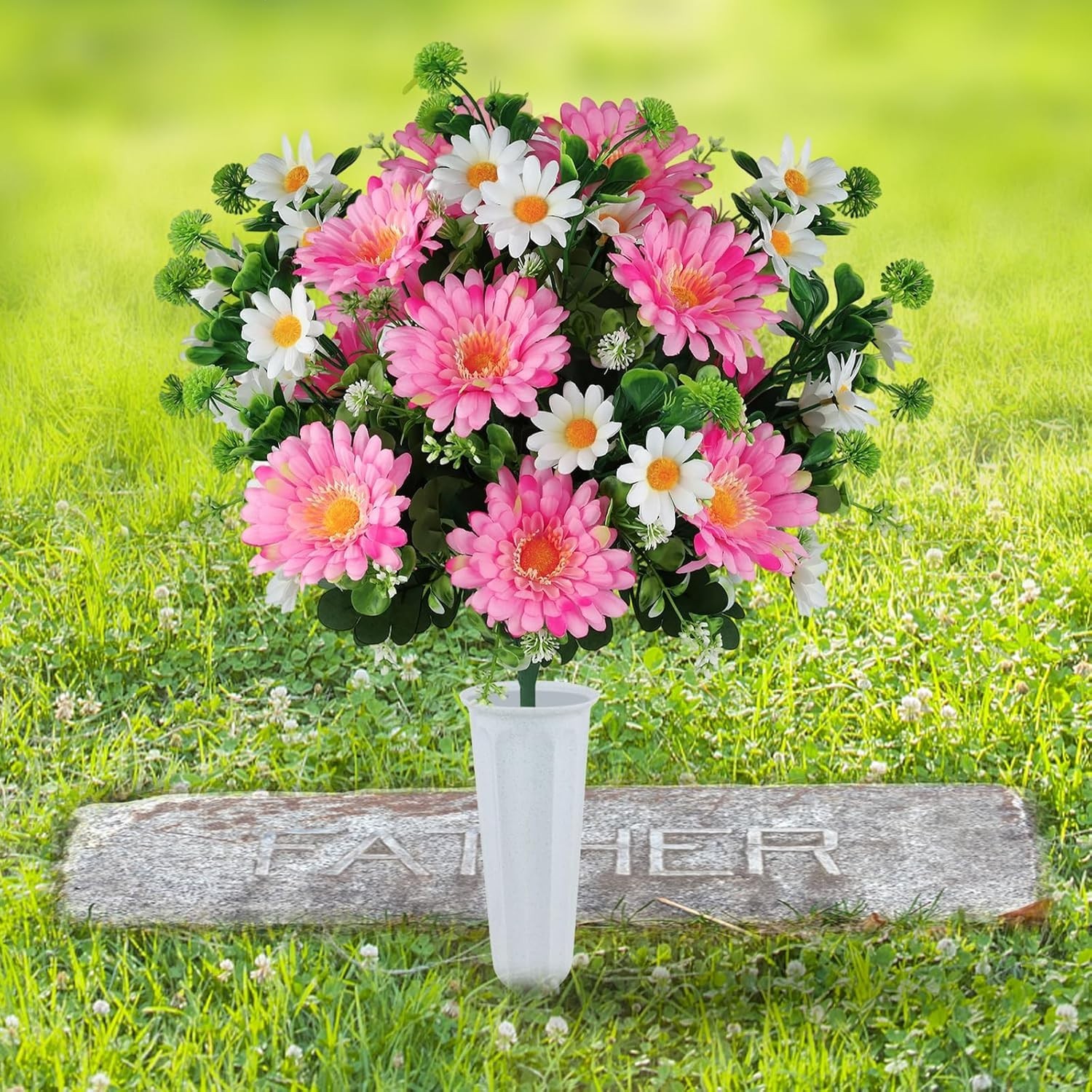 Artificial Cemetery Flowers for Grave with Vase, 24 Branches Daisy Fake Silk …