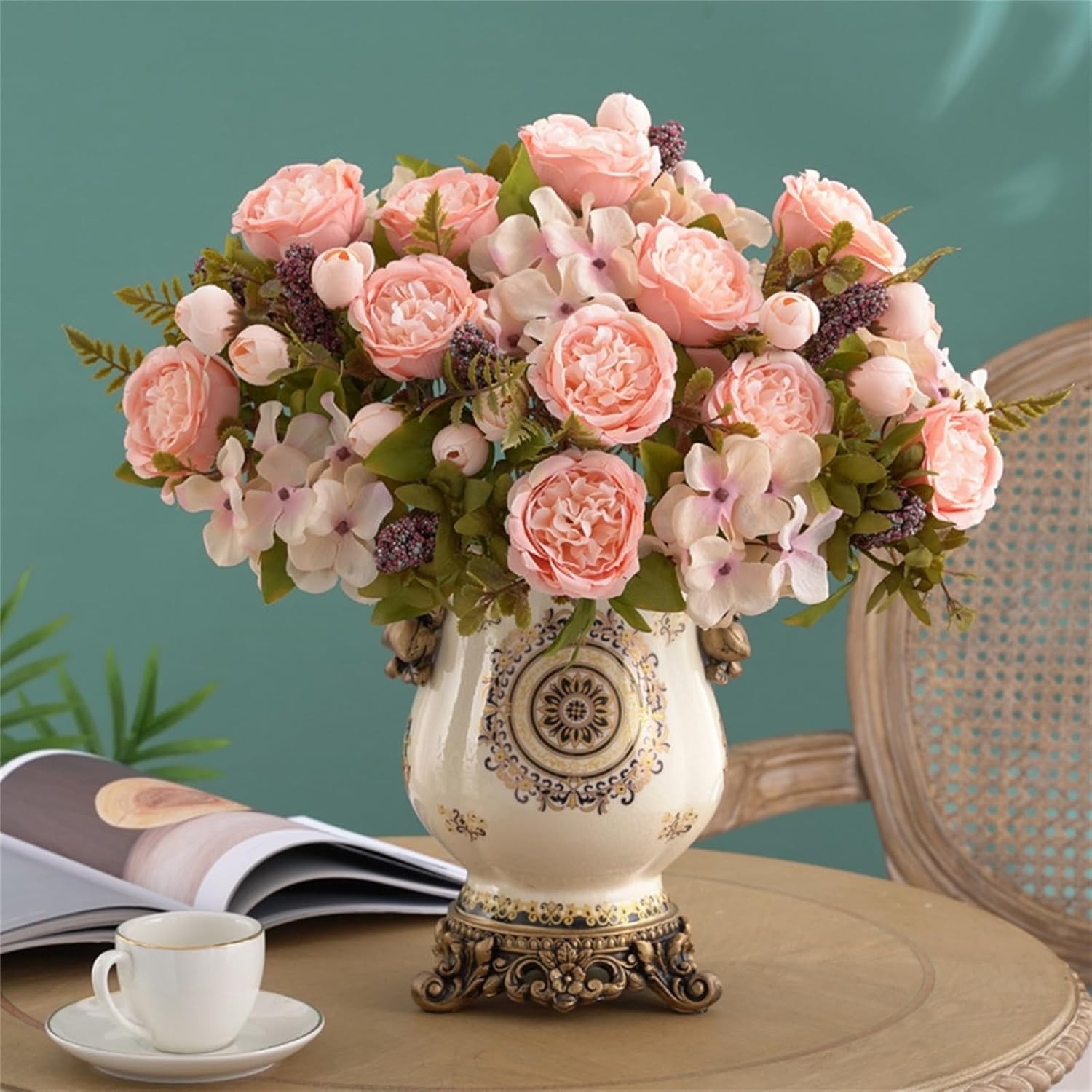 4x Artificial Rose Bouquet Vintage Silk Flowers Bunches with Stem & Green Leaves
