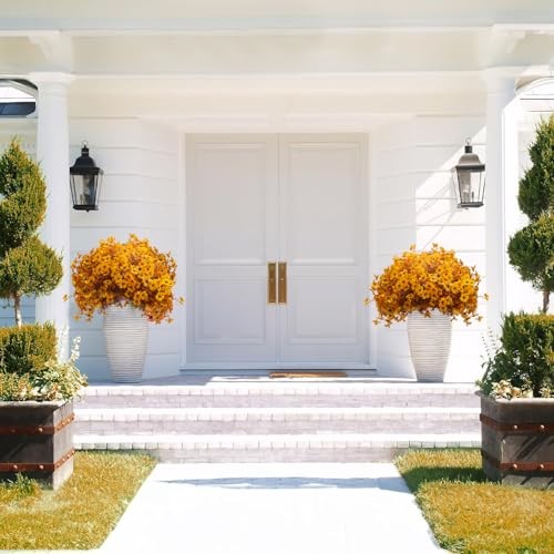 16 Bundles Artificial Fall Mums Outdoor UV Resistant, Fake Silk Fall Yellow