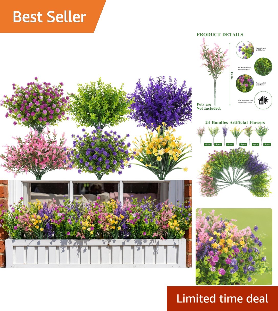 Lifelike UV Resistant Silk Flowers – 24 Bundles for Indoor & Outdoor Elegance