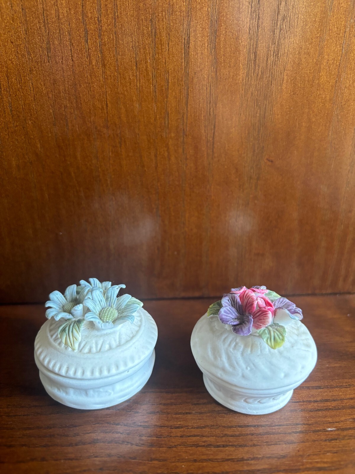 Ceramic Flower Ring Holders, a Pair with Blue, Purple, and Pink Flowers