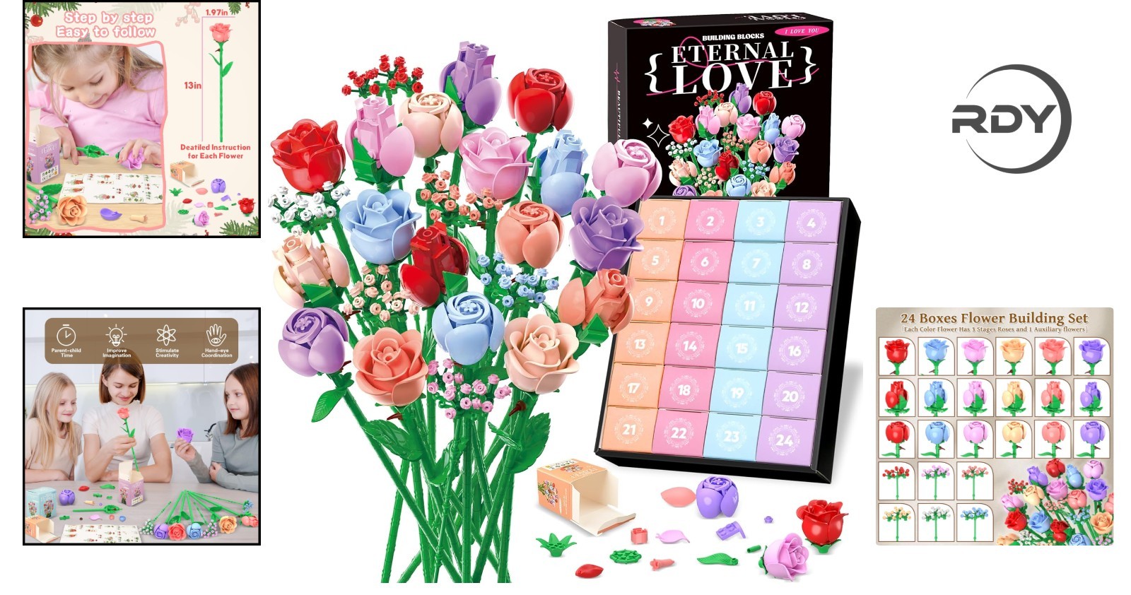 24 Pcs Colorful Rose Bouquet Building Set – Unique Gift for Her | 1380 Pcs