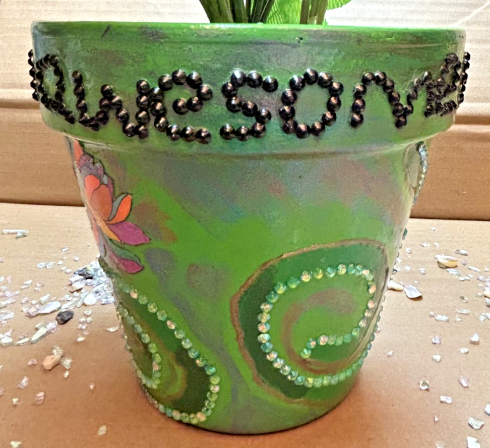 Flower Pot “God is an awsome God” green/multicolor handmade Flower Pot