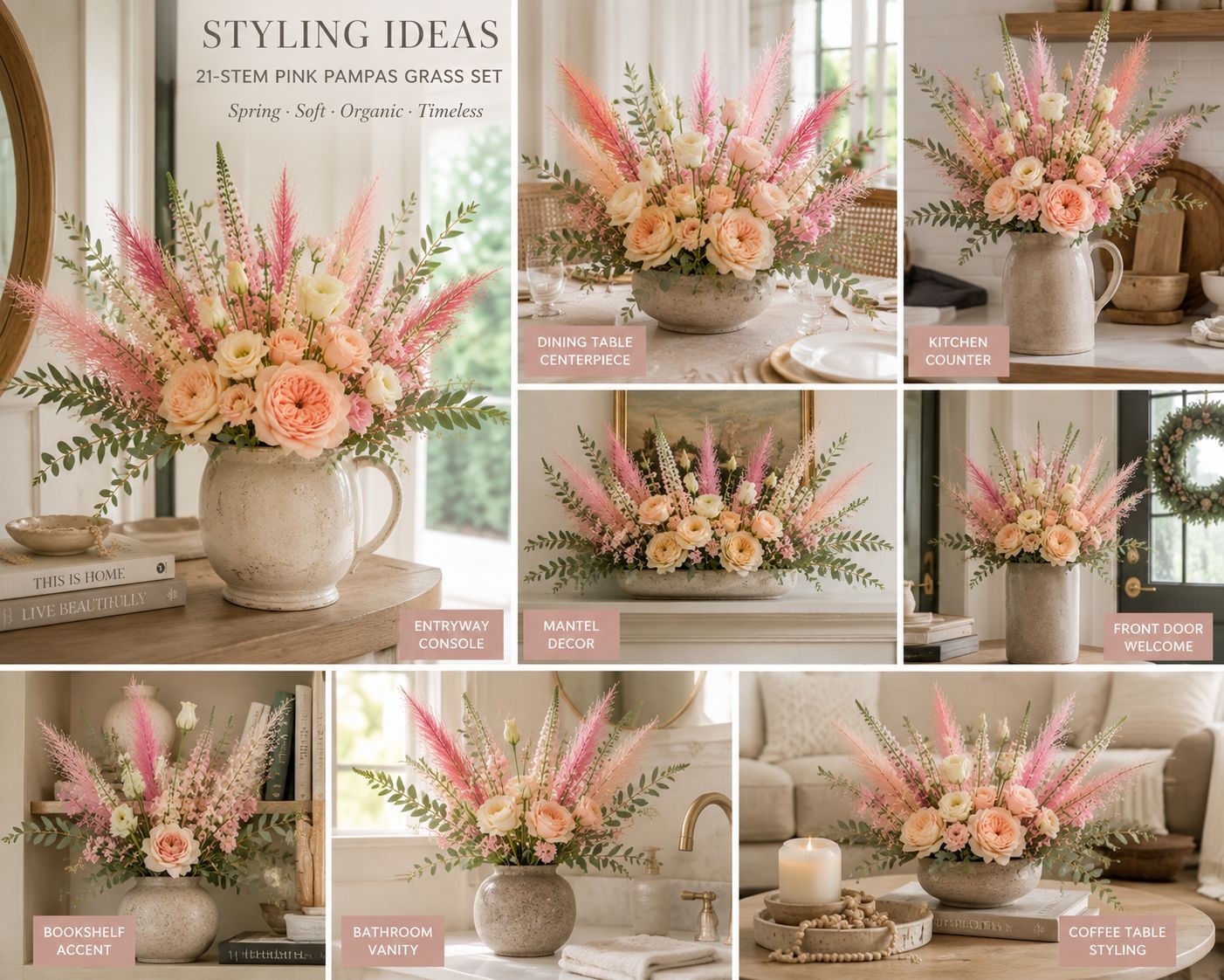 Artificial Pink Pampas Grass Filler Stems Set of 21 Wispy Faux Pampas Wedding Bo