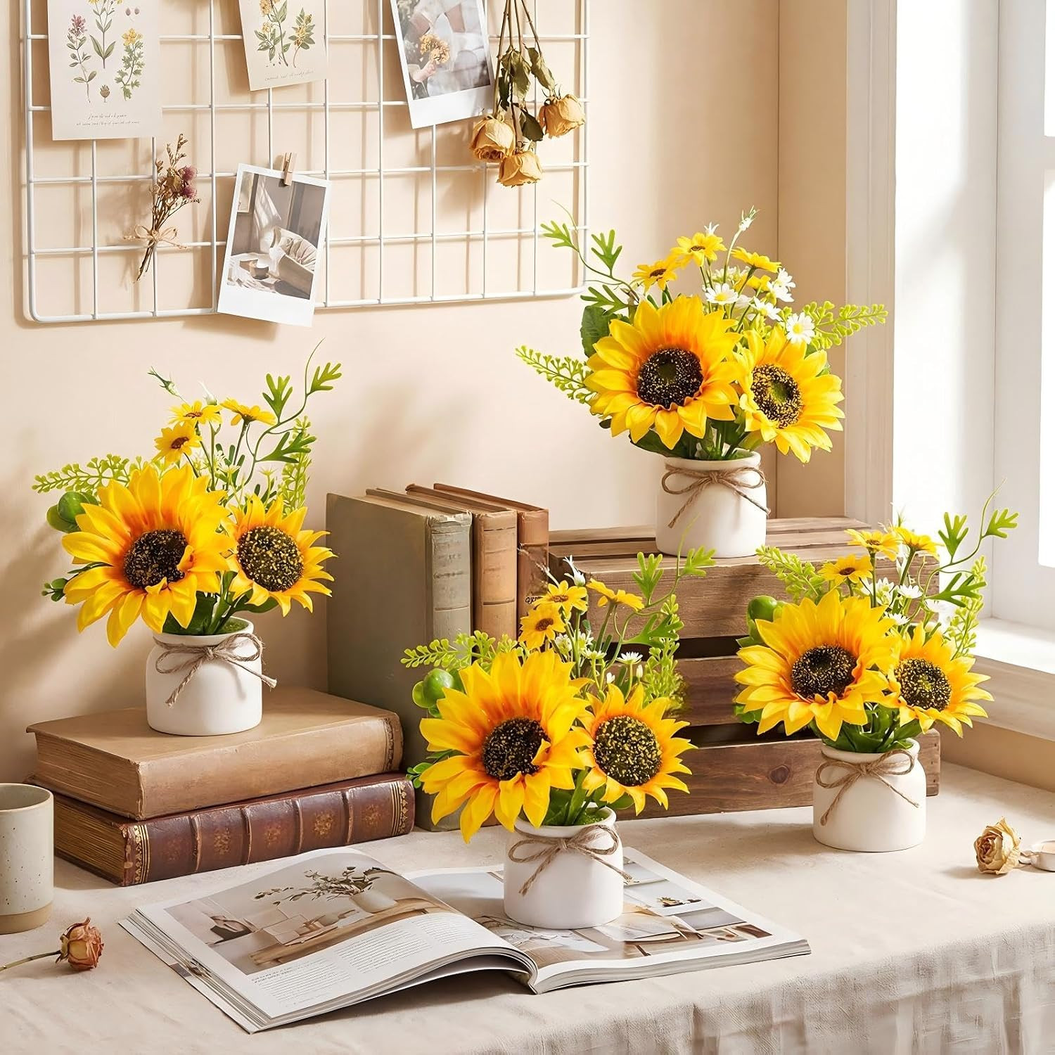 Artificial Sunflower Potted Plants Rustic Wedding Table Centerpieces Summer Spri