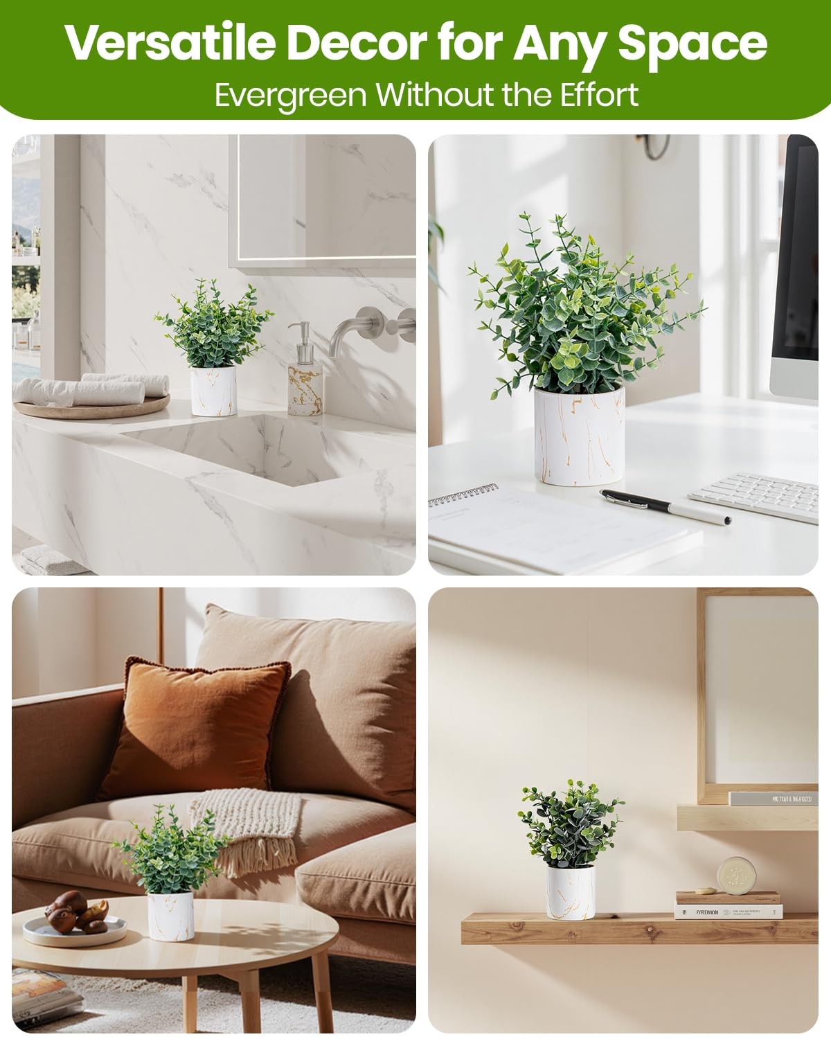 2 Artificial Eucalyptus Plants in White Ceramic Pots Faux Greenery Desk Decor