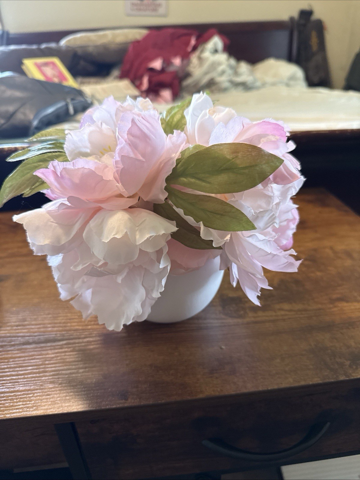 Artificial Peony Flower Arrangement Centerpiece Pink/White/Green in White Pot
