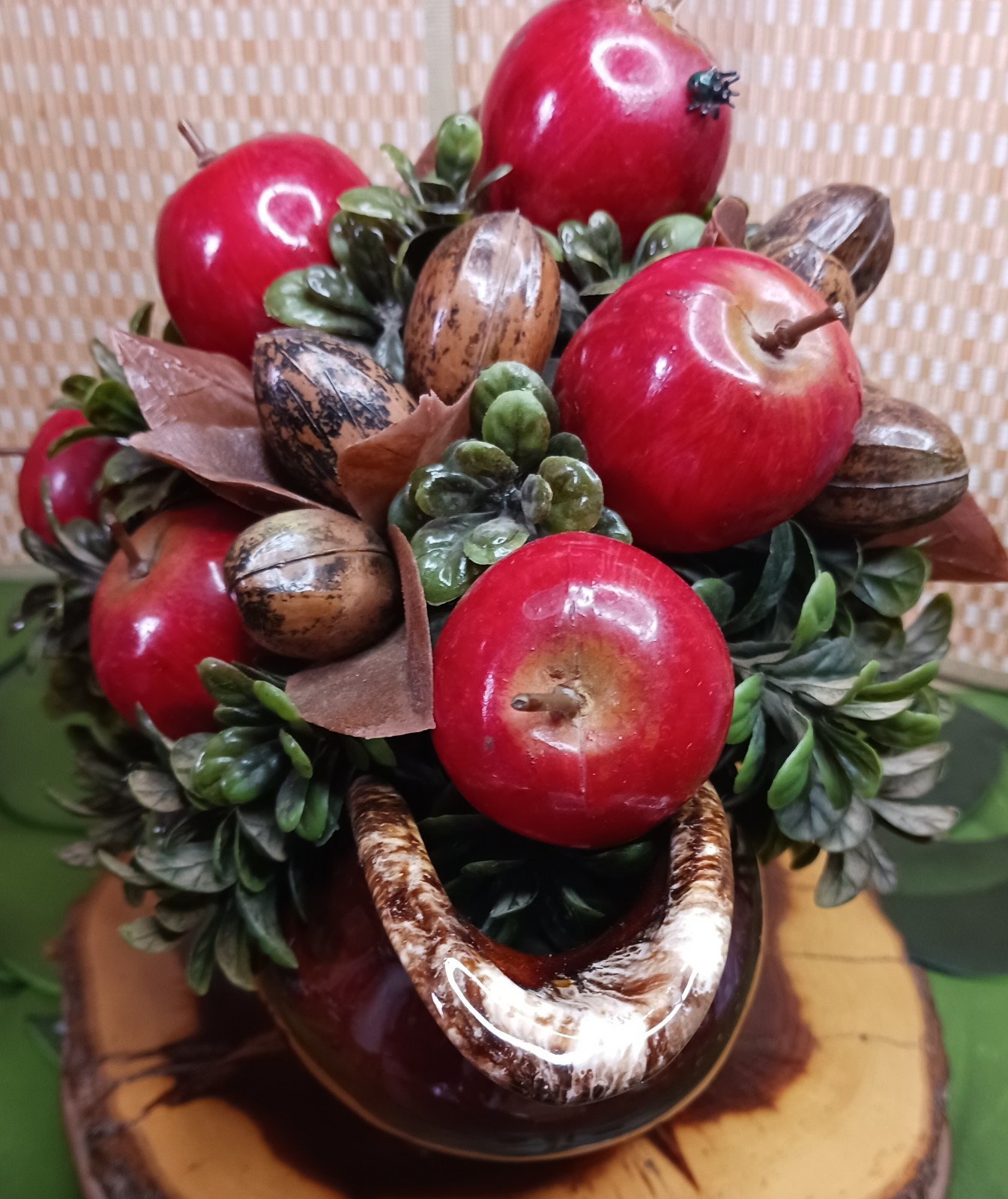Faux Apple Nut Foliage Bouquet in HULL Vintage Teapot ~ Red Brown Green 11 x 8″