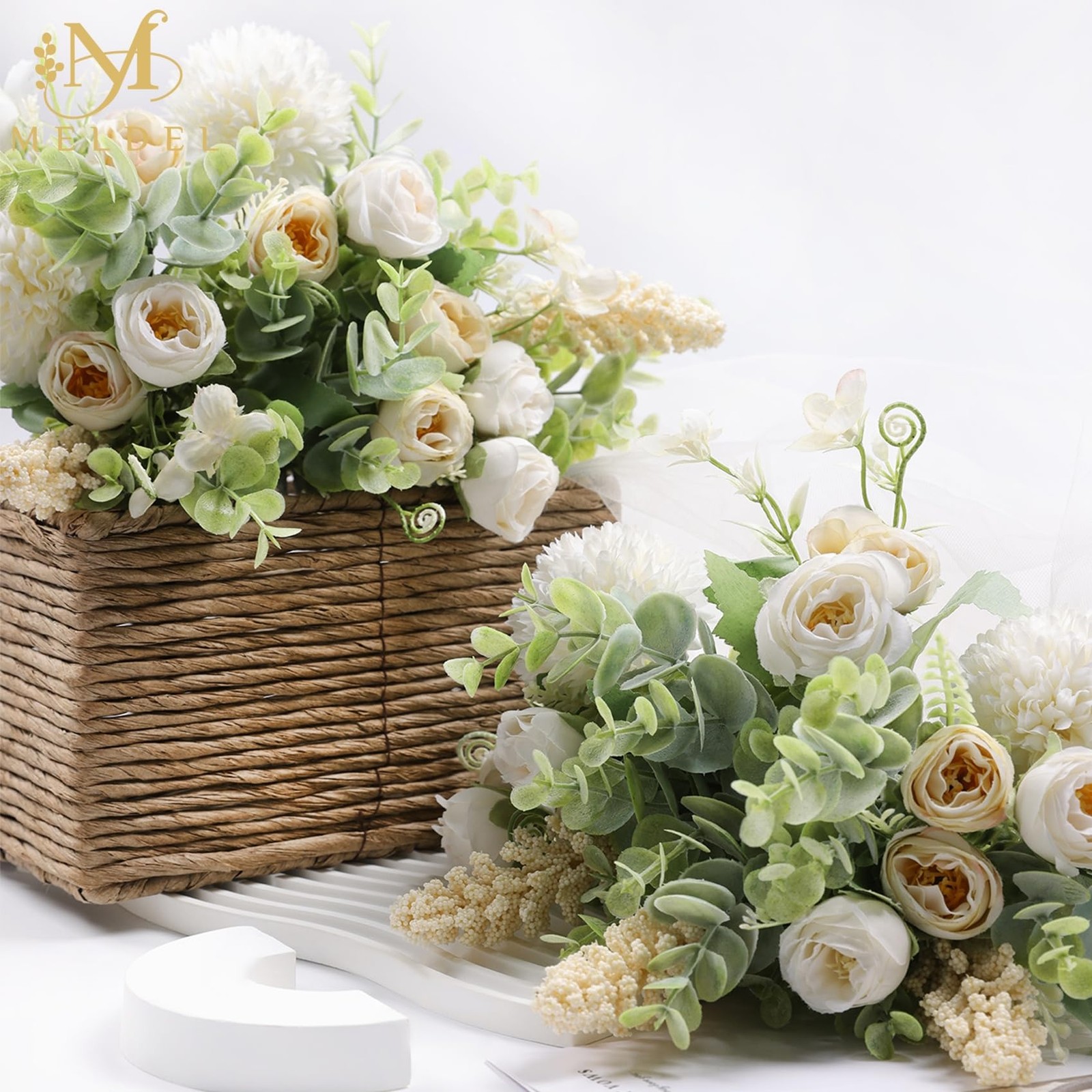 3Pcs Rose Bouquet White&Champagne Artificial Flowers Eucalyptus Plants Silk F…