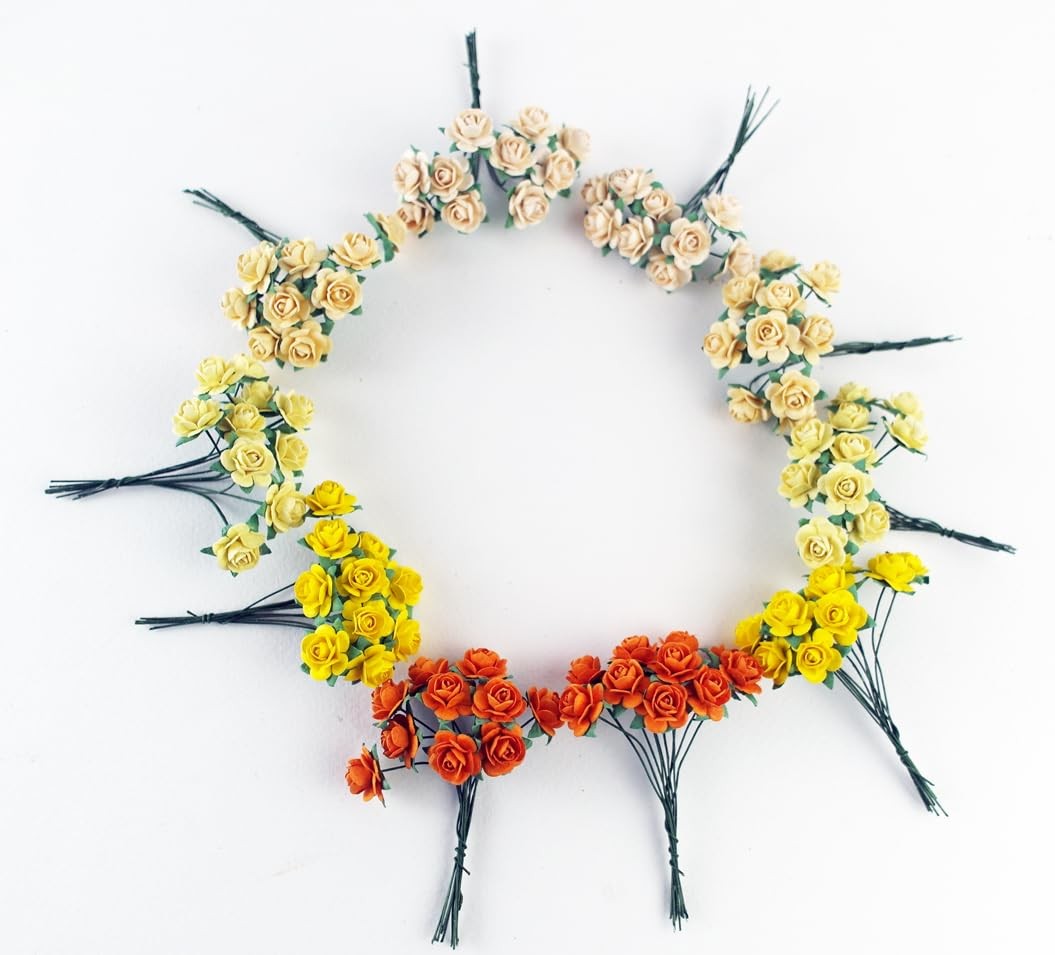 100 pcs Tiny Artificial Roses Mixed Orange Yellow Shade Five Color Mulberry P…