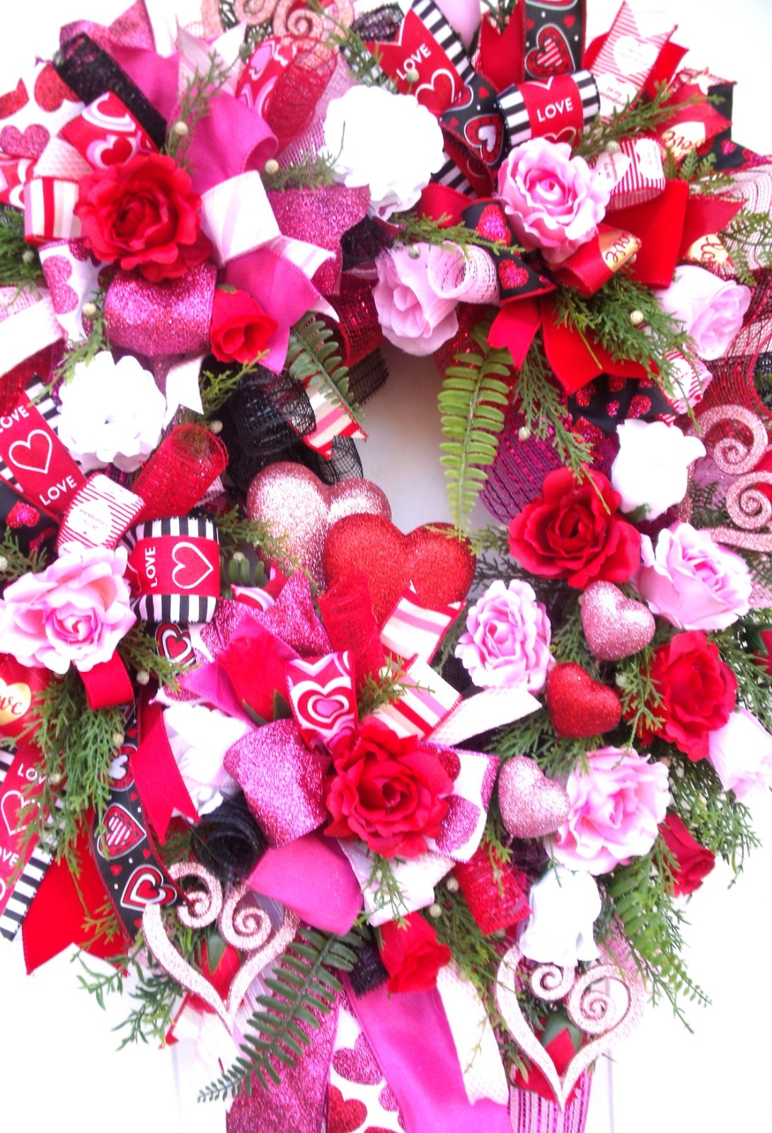 Valentine Ribbons & Roses Wreath-Hearts-Greenery, Reds/Pinks/White-Door or Wall