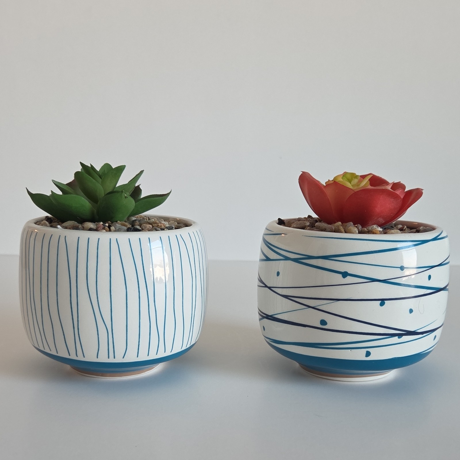 Set of 2 Artificial Succulent Southwest Decor Blue and White Ceramic Pots
