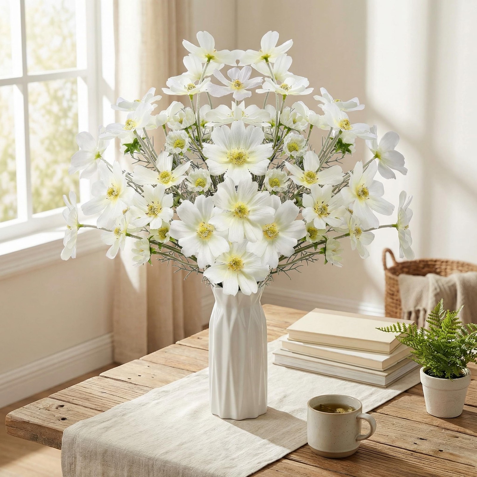 12 Pcs White Cosmos Artificial Flower 23.6” Wedding Realistic Touch Silk Fak…