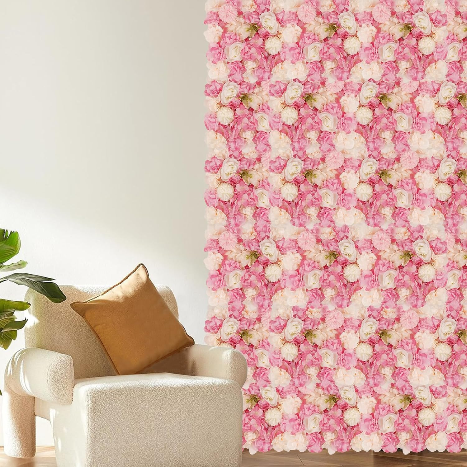 3D Flower Wall Backdrop – 12 Pink & White Silk Rose Panels for Events