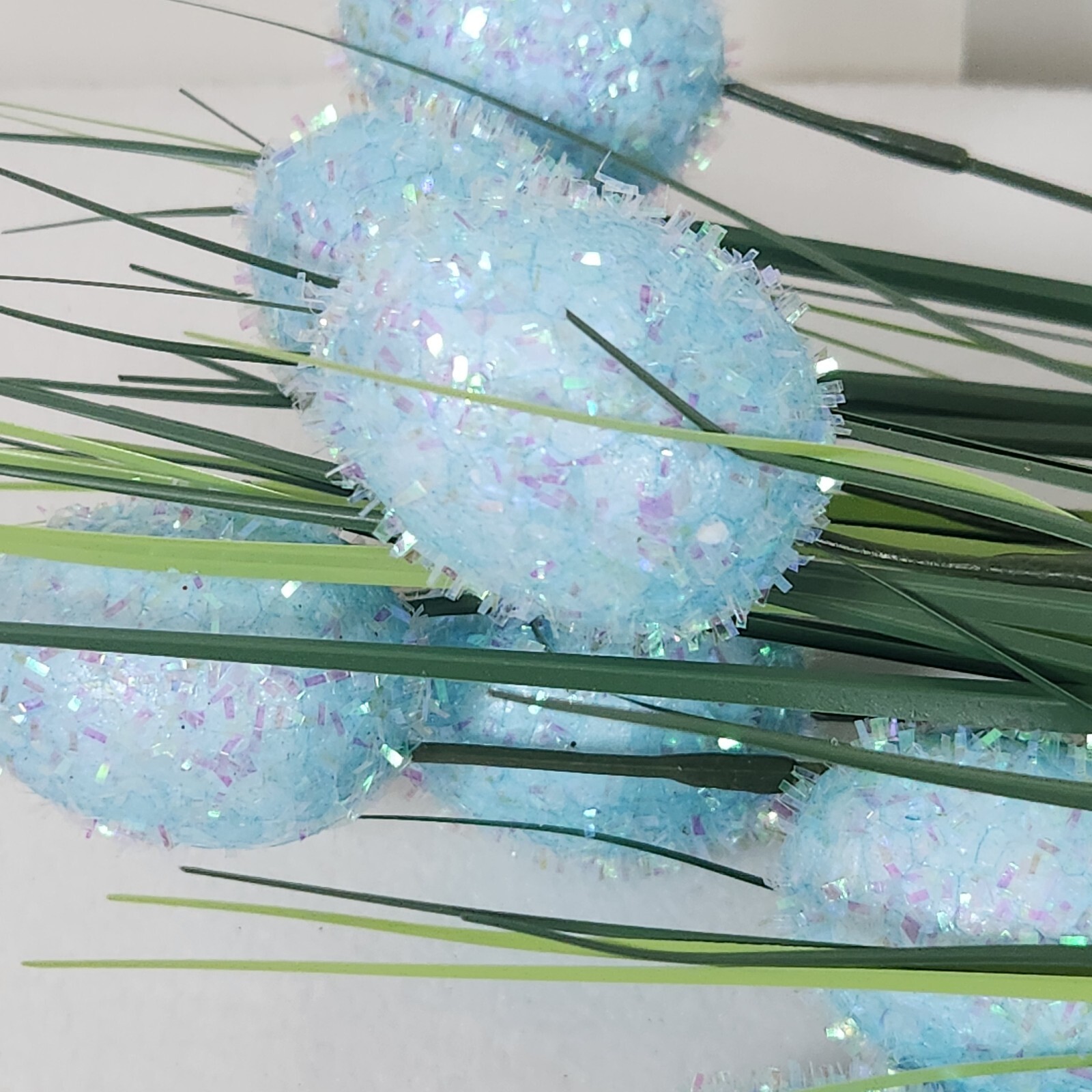 Set of 3 Faux Floral Pick~Onion Grass+Blue Glittery Easter Eggs SPRING DECOR