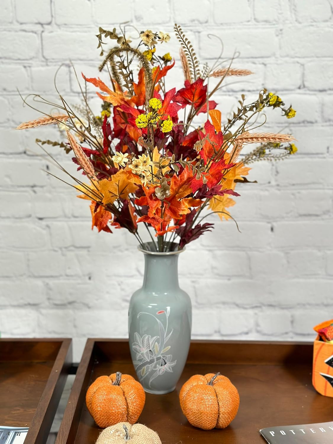 Artificial Autumn Flowers Maple Leaves Berries Fall Festive Harvest Foliage Ceme