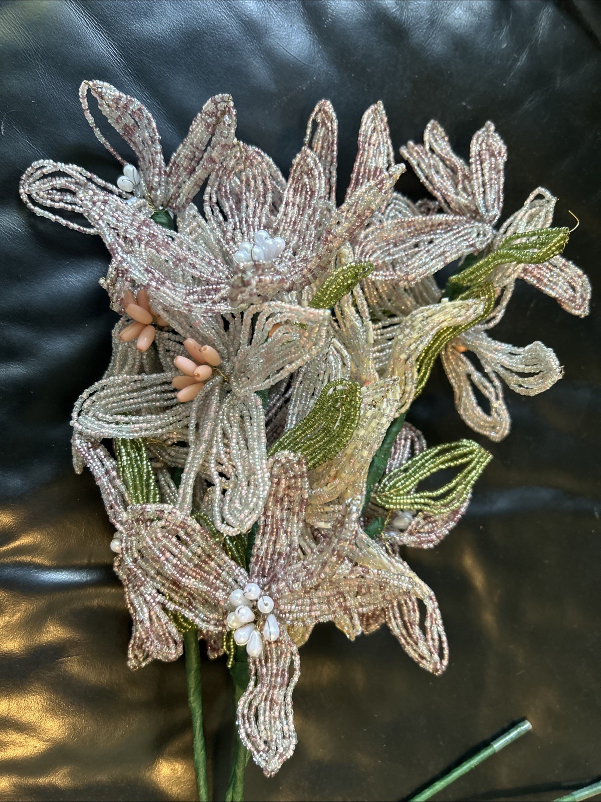 Lot Of 4 Stem French Glass Beaded LARGE Lily Flowers Bouquet Lavender & Pink 23”