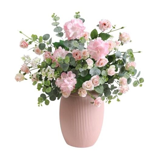 10pcs Faux Silk Rose Artificial Flowers, Bulk Fake Eucalyptus with Pink Rose