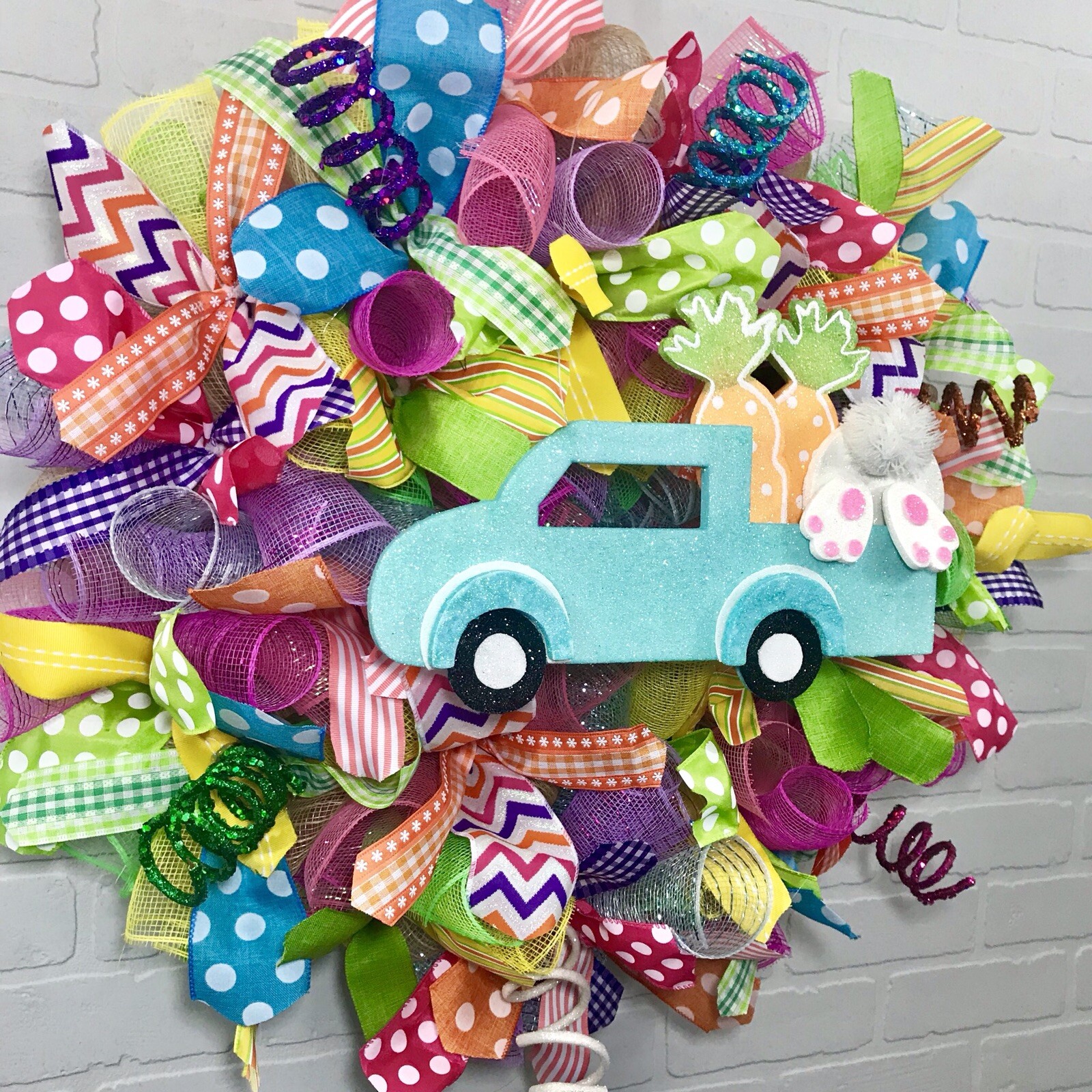 Easter, Spring, Bright, Pink, Blue, Yellow, Fun, Whimsical, Deco Mesh Wreath