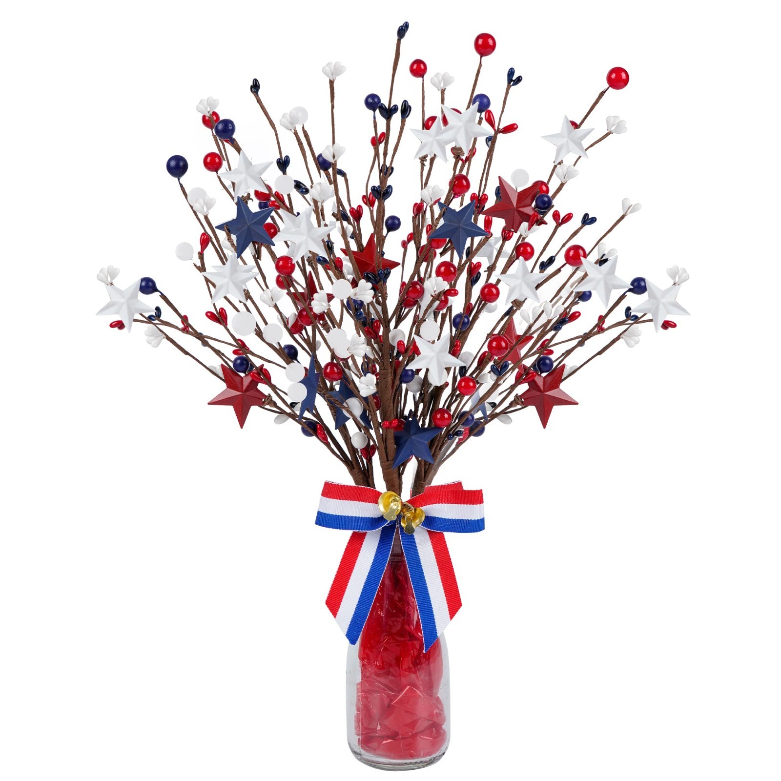 4 Pack Patriotic Berry Stem Picks – Red White Blue Stars for 4th of July Decor,