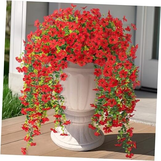 Fake Artificial Hanging Flowers for Outdoors Decoration, 2 PCS Faux UV Red