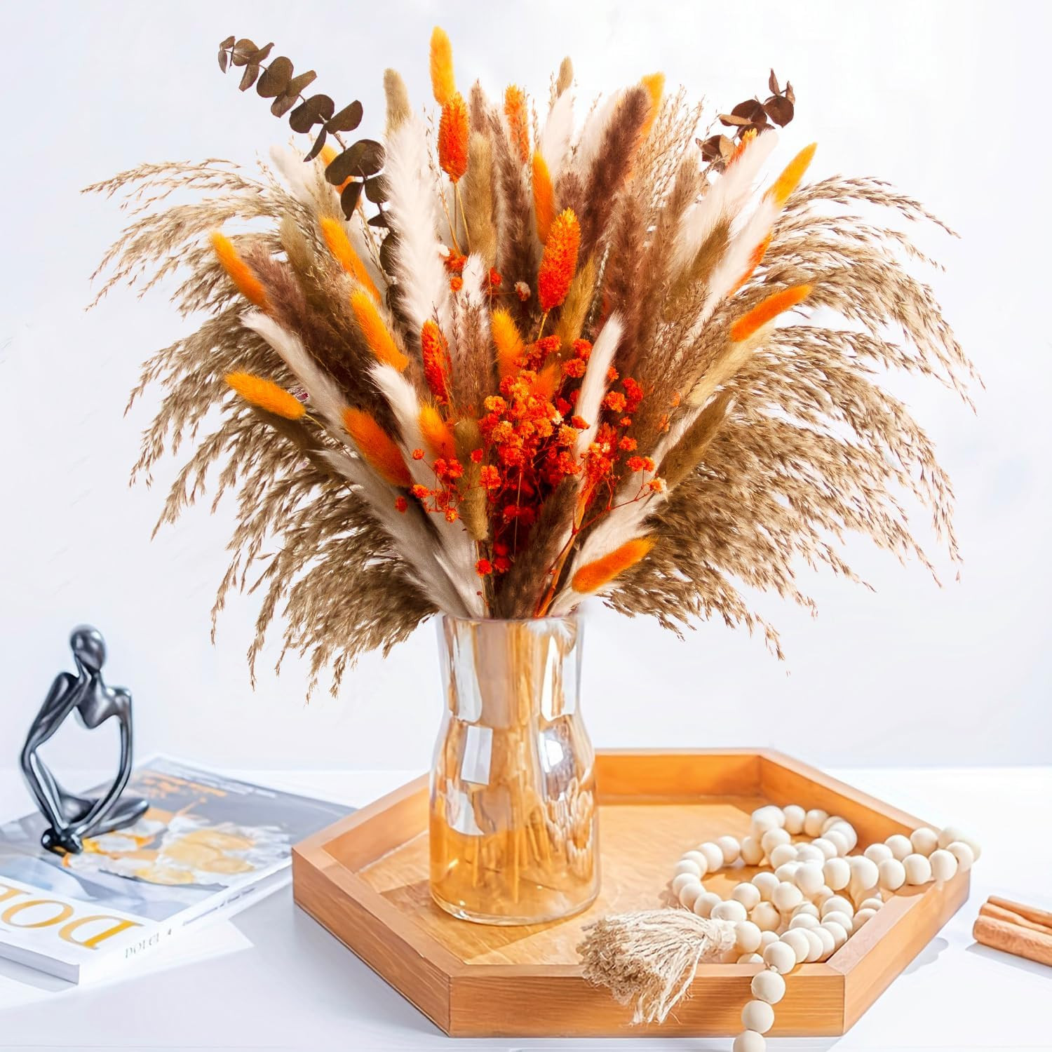 80PCS Orange Dried Pampas Grass Bouquet, 17 Inch, Bunny Tail Reed Grass & Eucaly