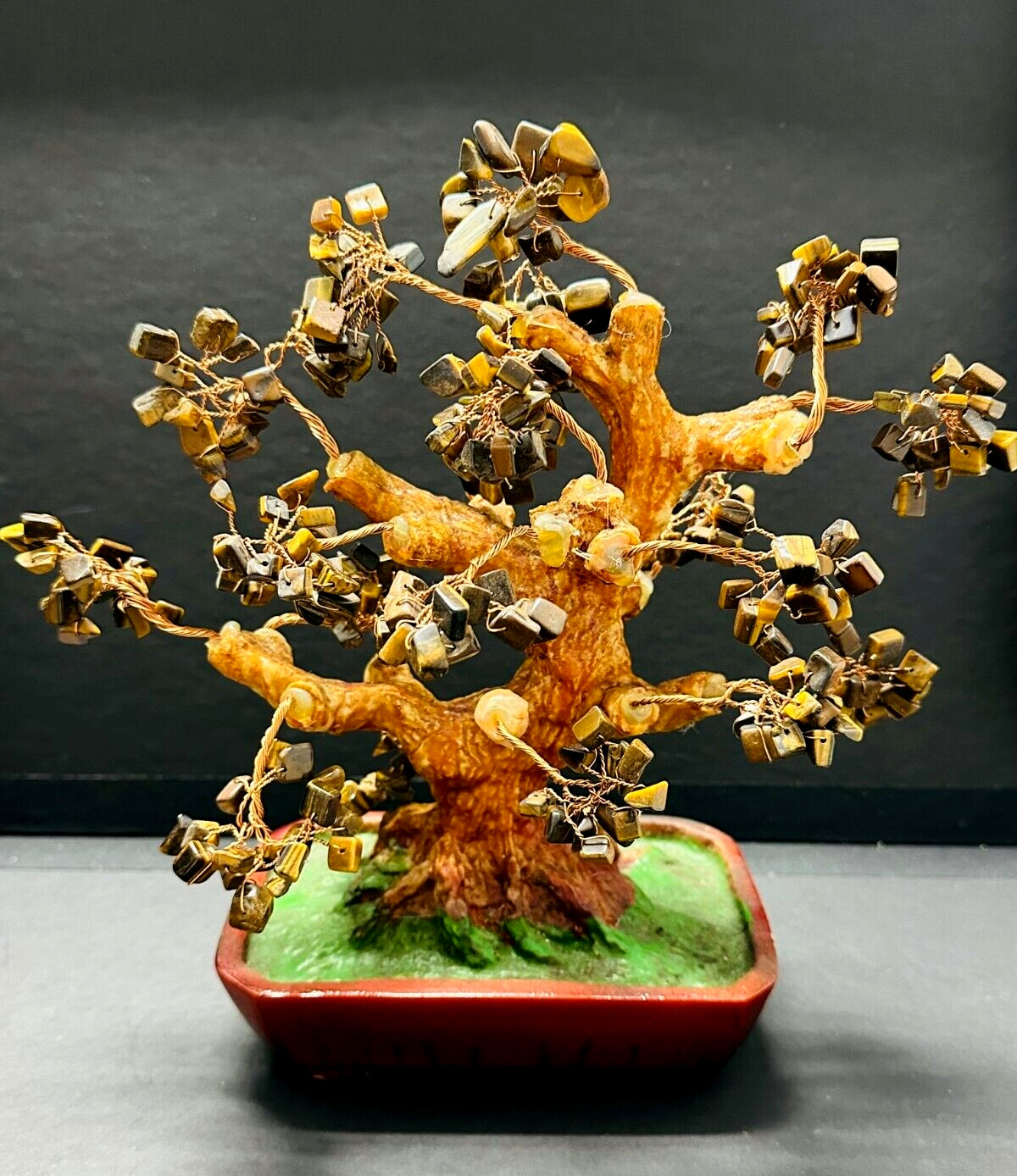 💕Vintage Twisted Copper Wire Bonsai Tyger Eyes Gemstone Tree Ceramic Pot 10″