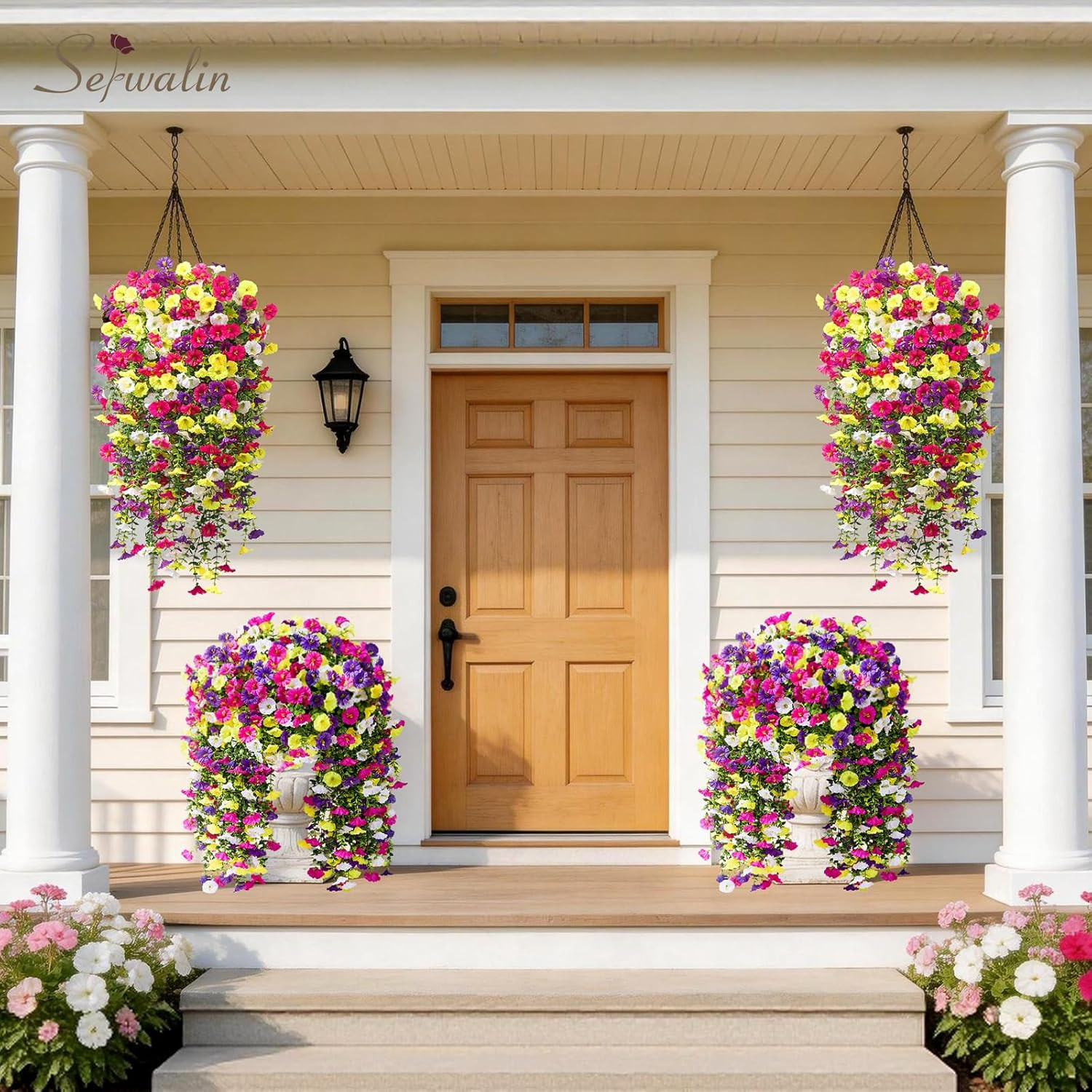 Artificial Hanging Flowers for Outdoors UV Resistant, 4PCS Faux Morning Glory Fa