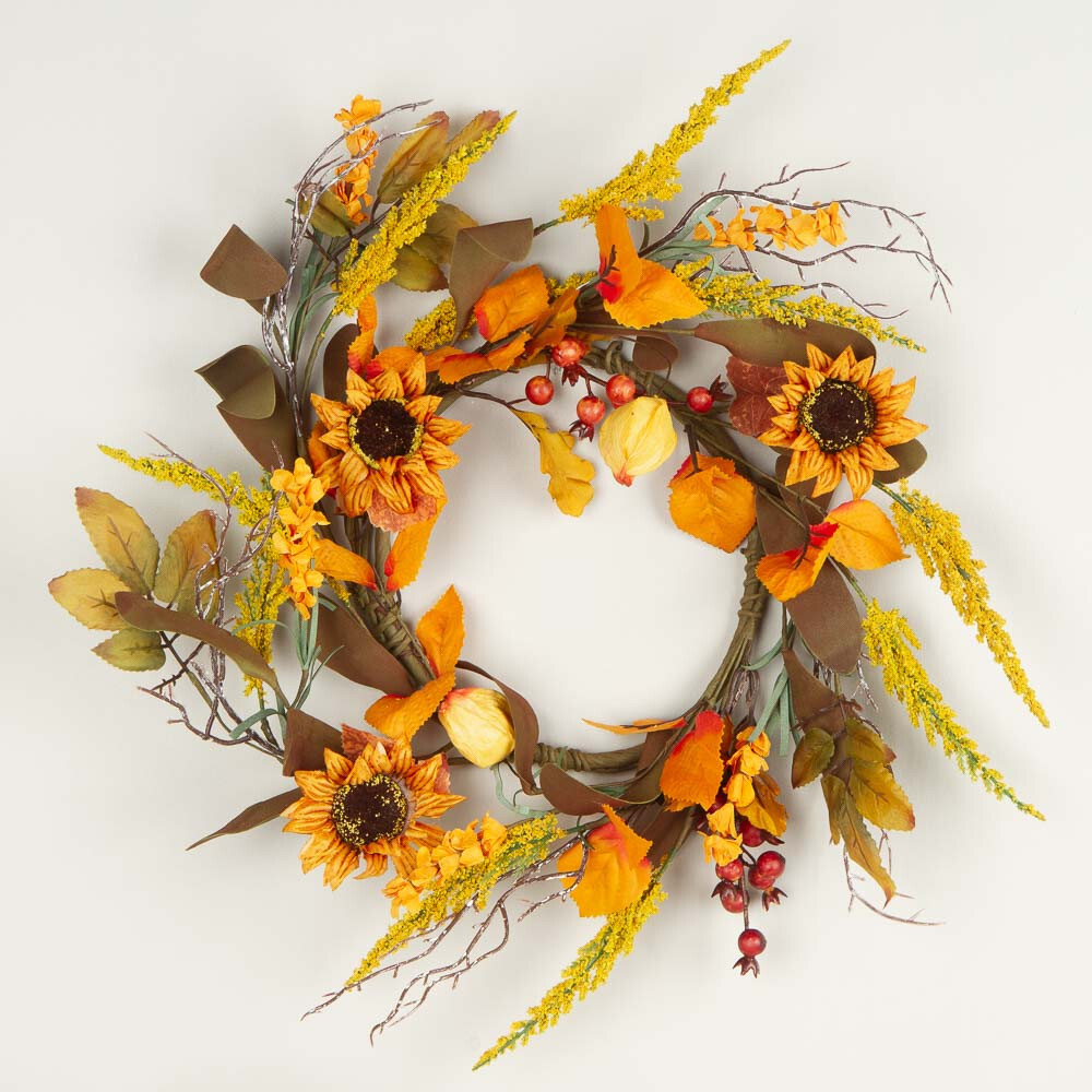 Set of 2 Artificial Sunflower & Chinese Lantern 17″ Candle Rings / Small Wreaths