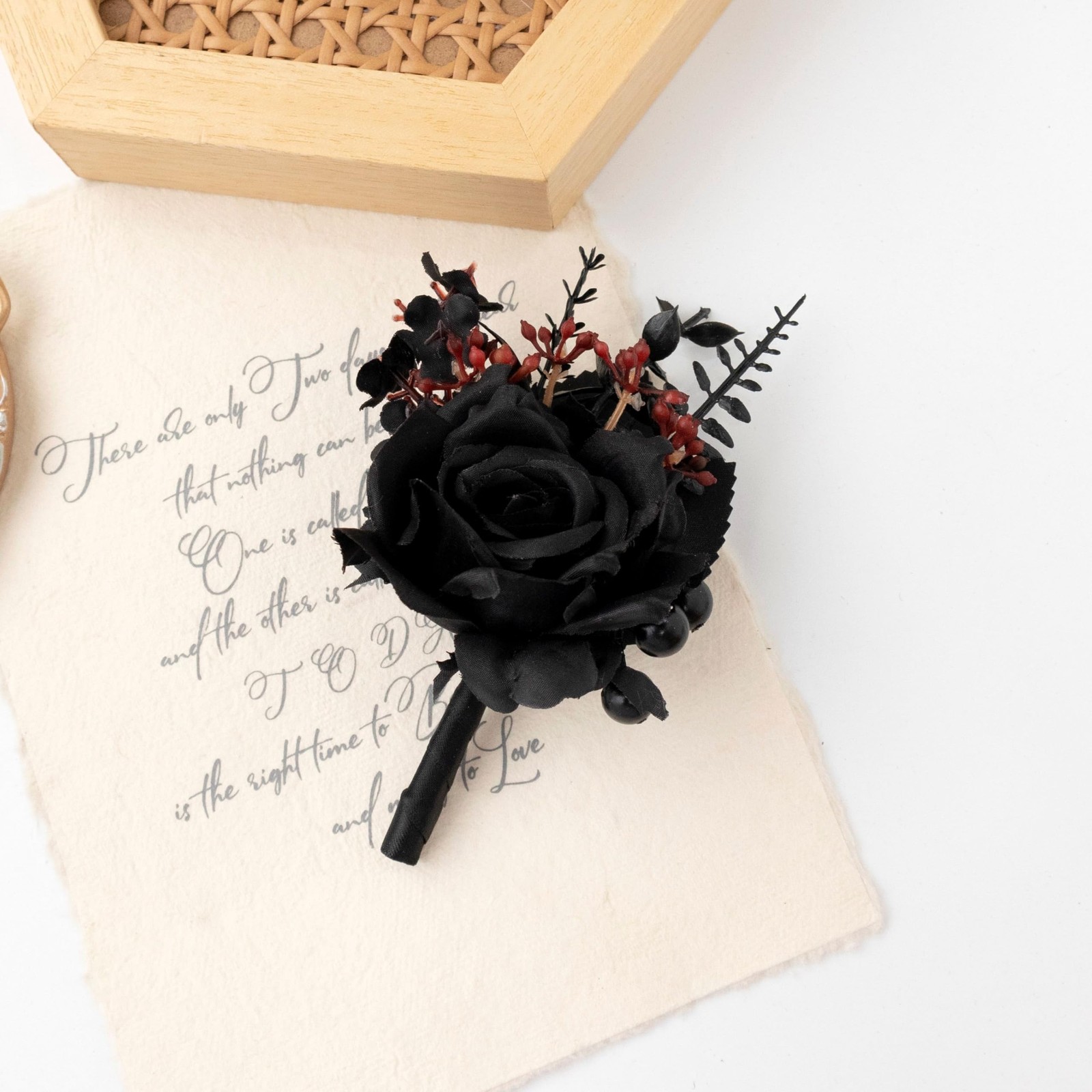 1 Set Black Corsage Wristlet Boutonniere Rose Prom Flower Wedding Party Decor