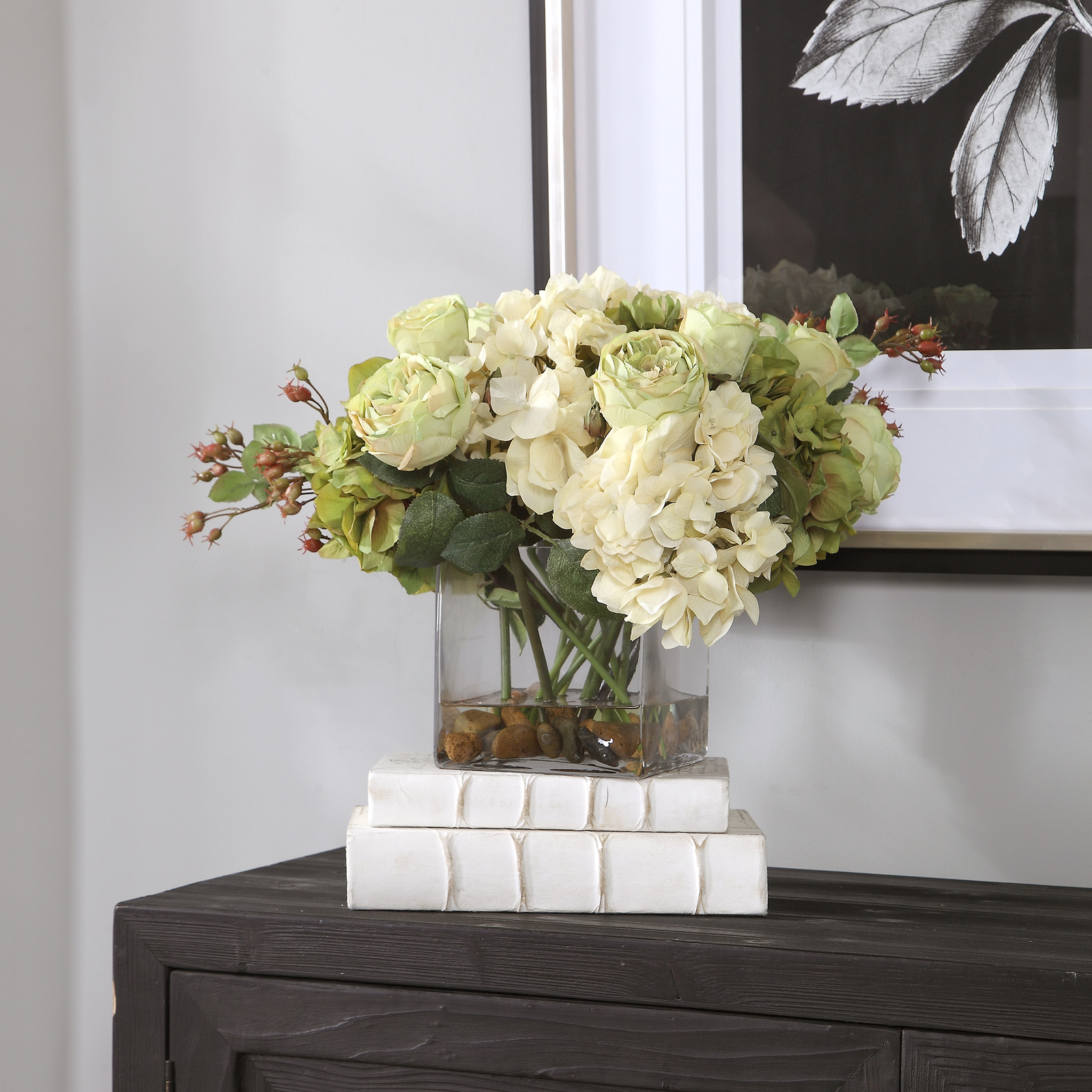 Elegant Cream Green Hydrangea Rose Spring Flower Bouquet Vase
