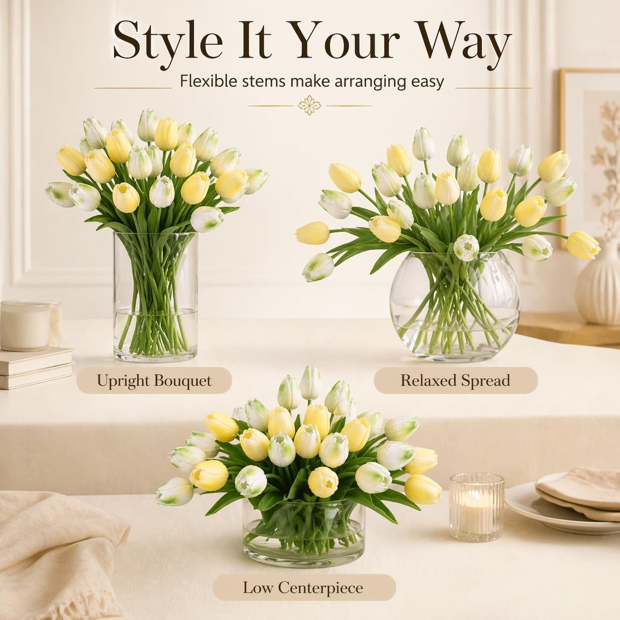 30 PCS Artificial Tulip Flowers 13.7 Inch Real Touch Mix Green Decor
