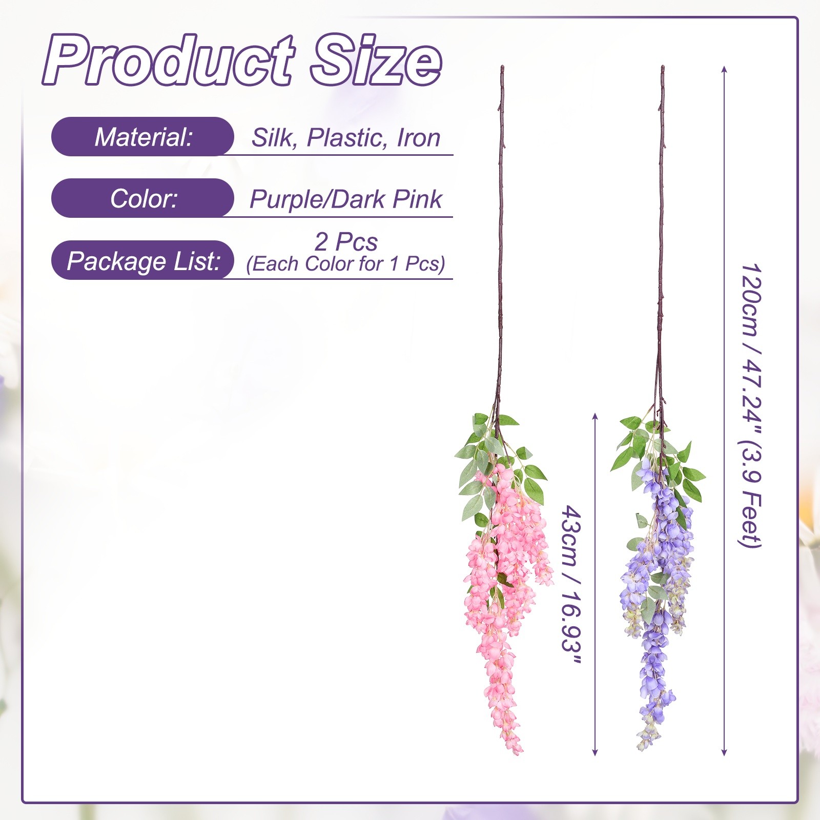 2Pcs Artificial Wisteria Hanging Flowers 3.9ft Fake Hang Floral Purple/Dark Pink