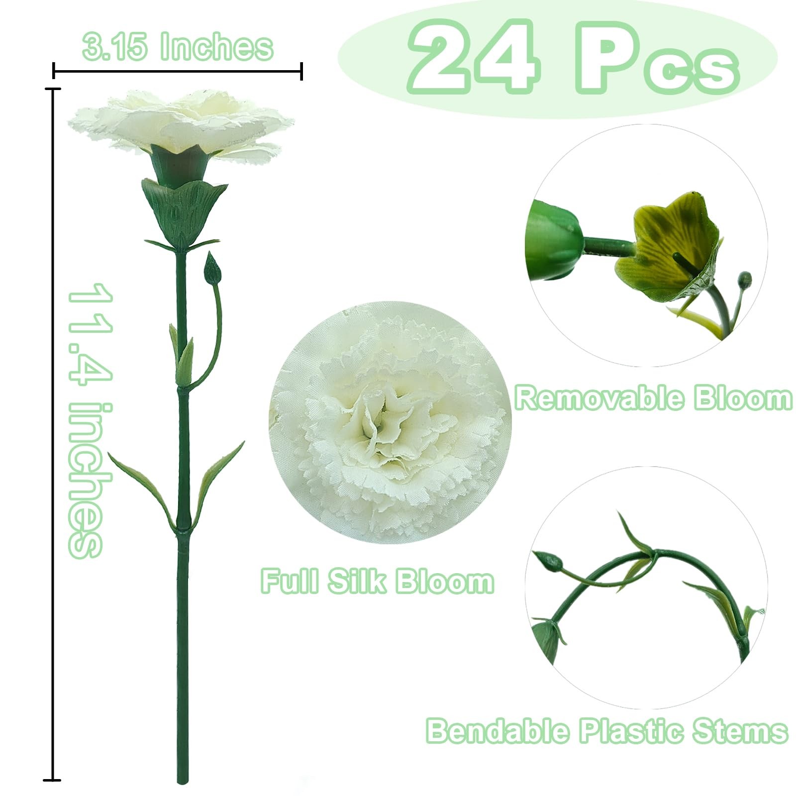 24 Pcs White Carnations Artificial Flowers with Stems, 11.4 Inches Faux Silk …