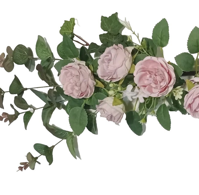 Pink & Eucalyptus TeaRose 24″ Wall Sign Door Silk Flower Wedding Room Decor 2251