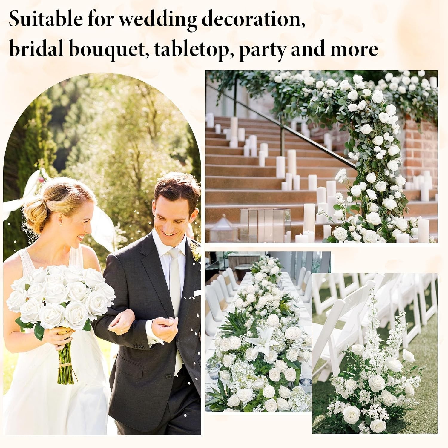 100 Pcs Velvet Silk Fake Roses – Long Stem White Flowers for Weddings & Decor