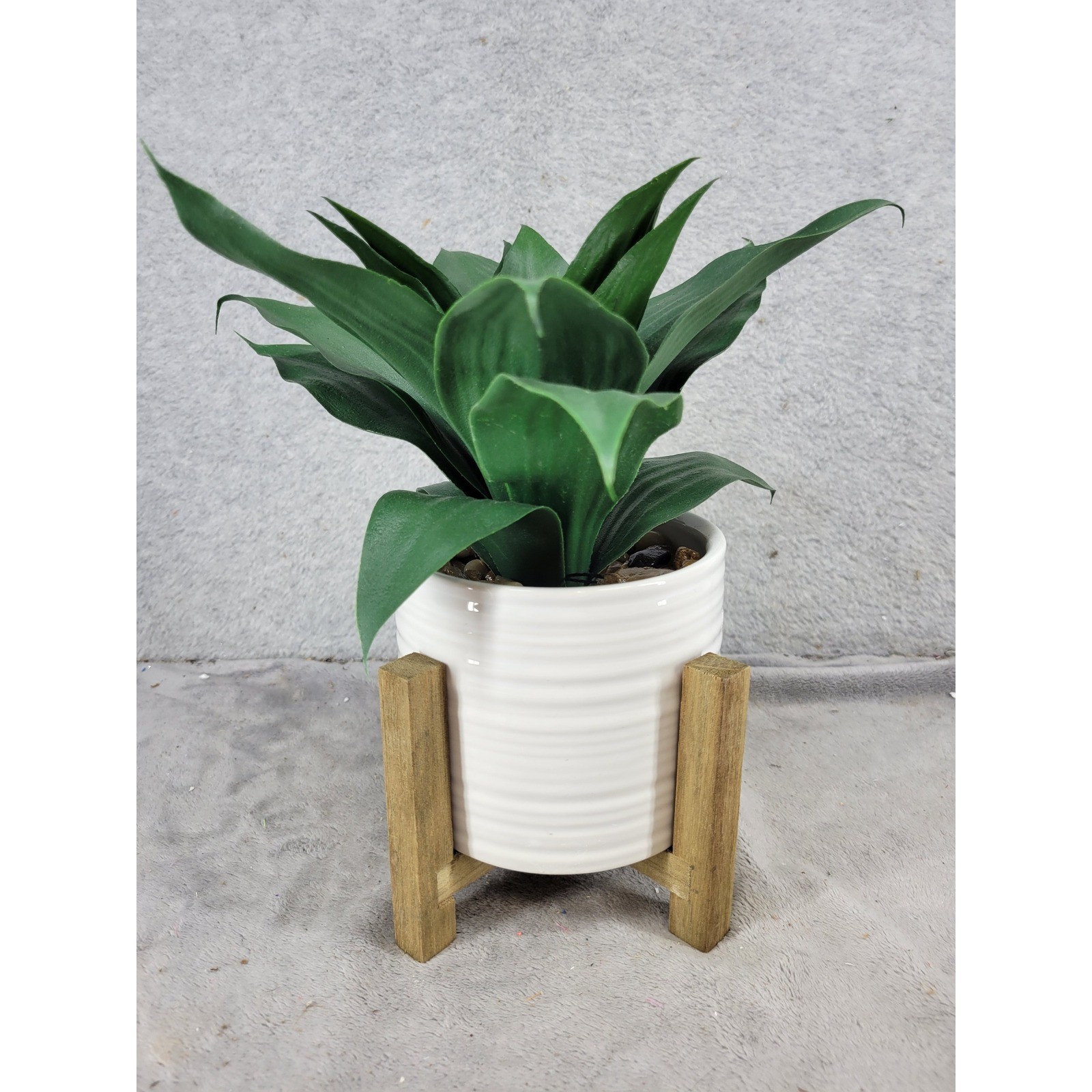 Artificial Snake Plant in White Ceramic Pot with Wood Stand Faux Green Leaves