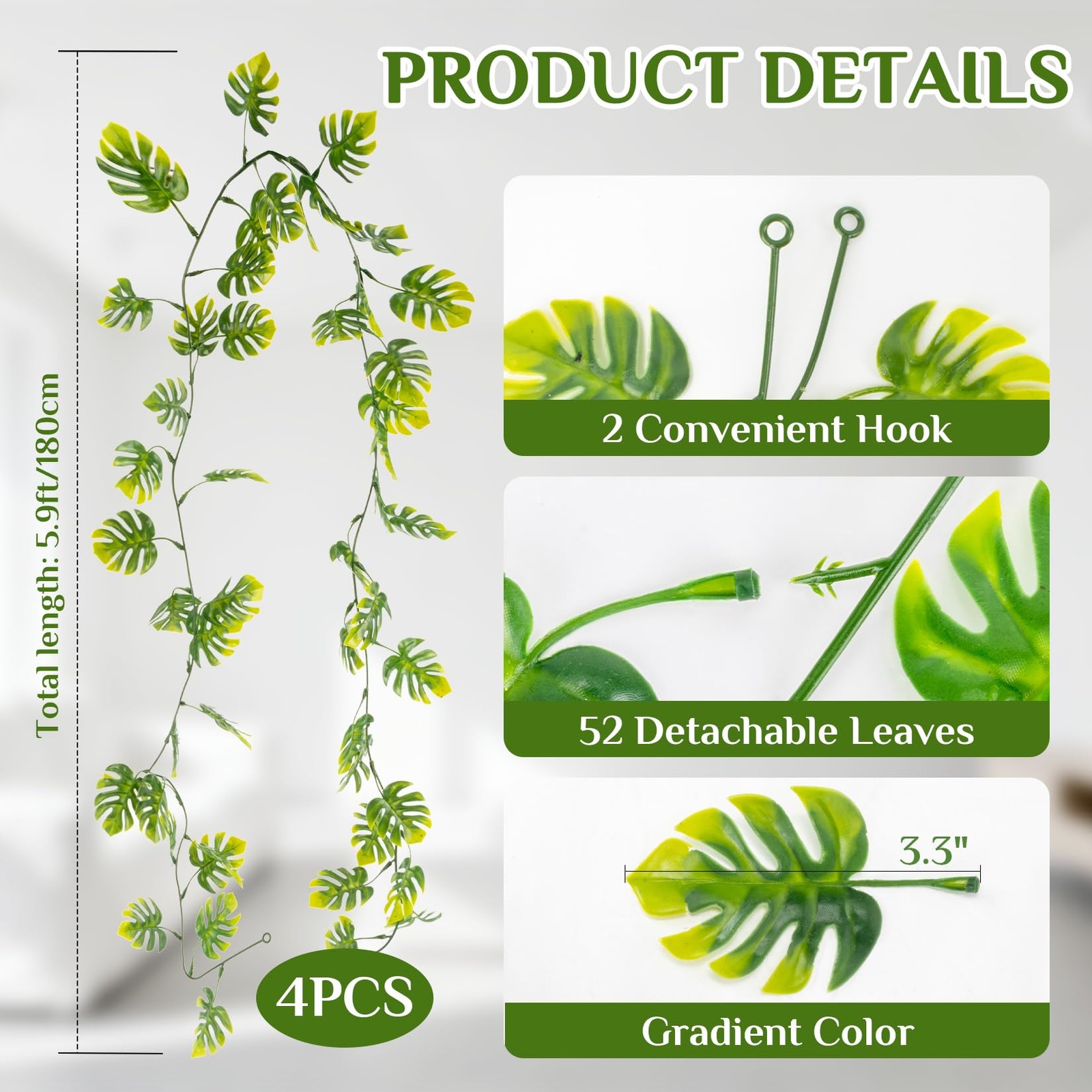 Faux Greenery Leaf Garland 5.9Ft Artificial Monstera Leaves Vines Party Decor