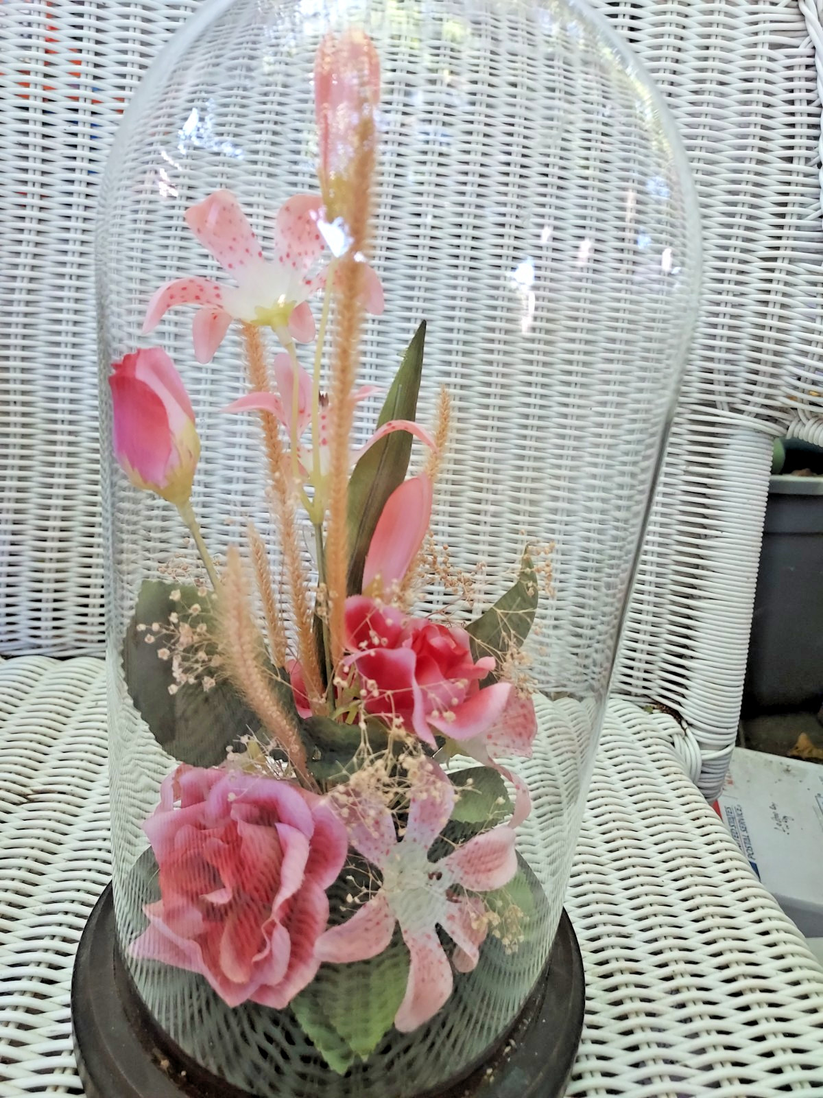 12″ Vintage Real Dried Flower Cloche Glass Dome Pink Silk Roses Lilies Butterfly